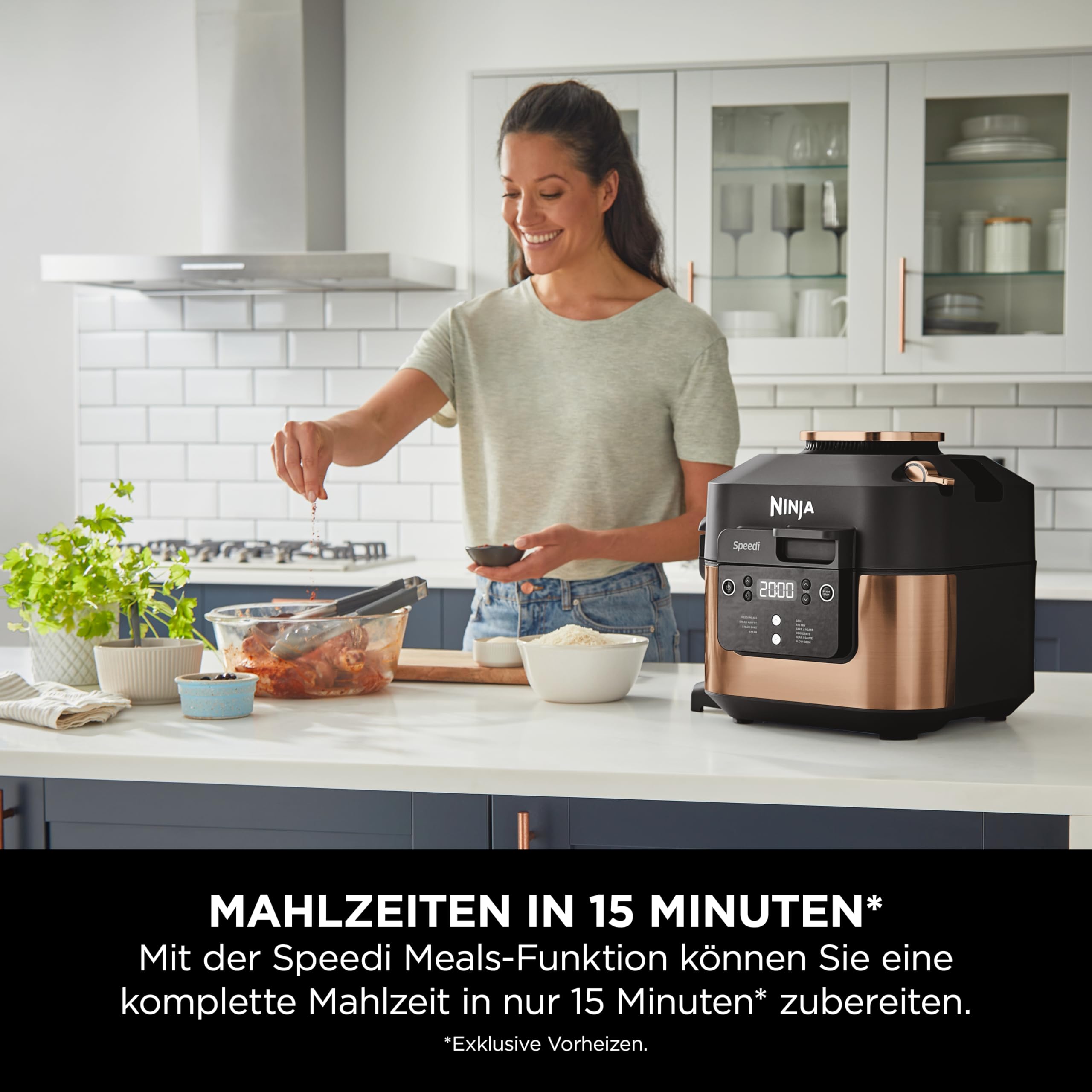 Ninja Speedi Multikocher, 5,7L, 10-in-1 Multicooker, Airfryer Heißluftfritteuse, Slow Cooker Langsamkochen, Grillen, Backen, Schwarz & Kupfer ON400EUCP