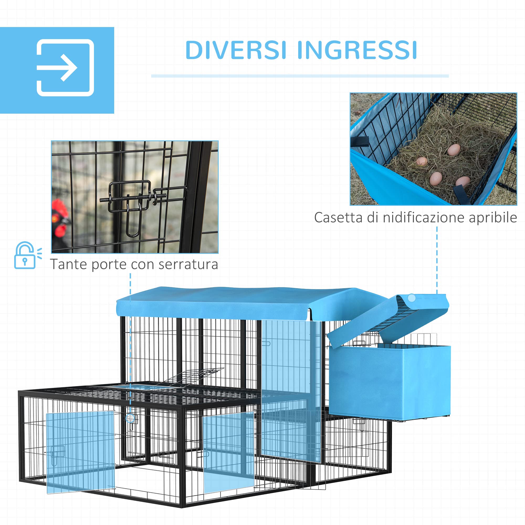 PawHut Pollaio da Giardino Componibile 6-10 Galline Blu 200x165.5x103cm | 2 Gabbie in Acciaio, Gabbia per Galline, Copertura in Poliestere