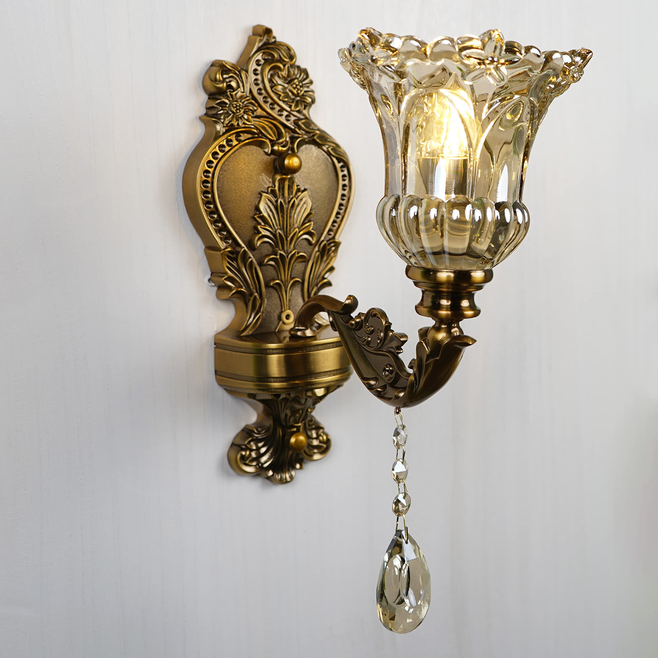 Aeyee Glass Wall Sconce Set of 2, Antique Brass Wall Light, Crystal Floral Bedside Wall Lamp for Entrance, Bedroom, Hallway