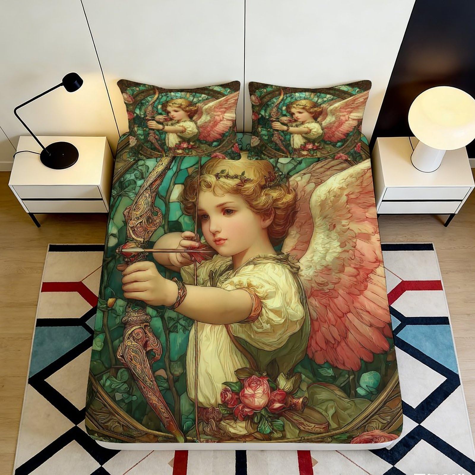 3D Printed Angel Art Fitted Sheet Microfiber Non-Slip Deep Pocket Angel Pattern Mattress Fitted Cover Bedroom Bedding for Adults Teens 160x200x25cm