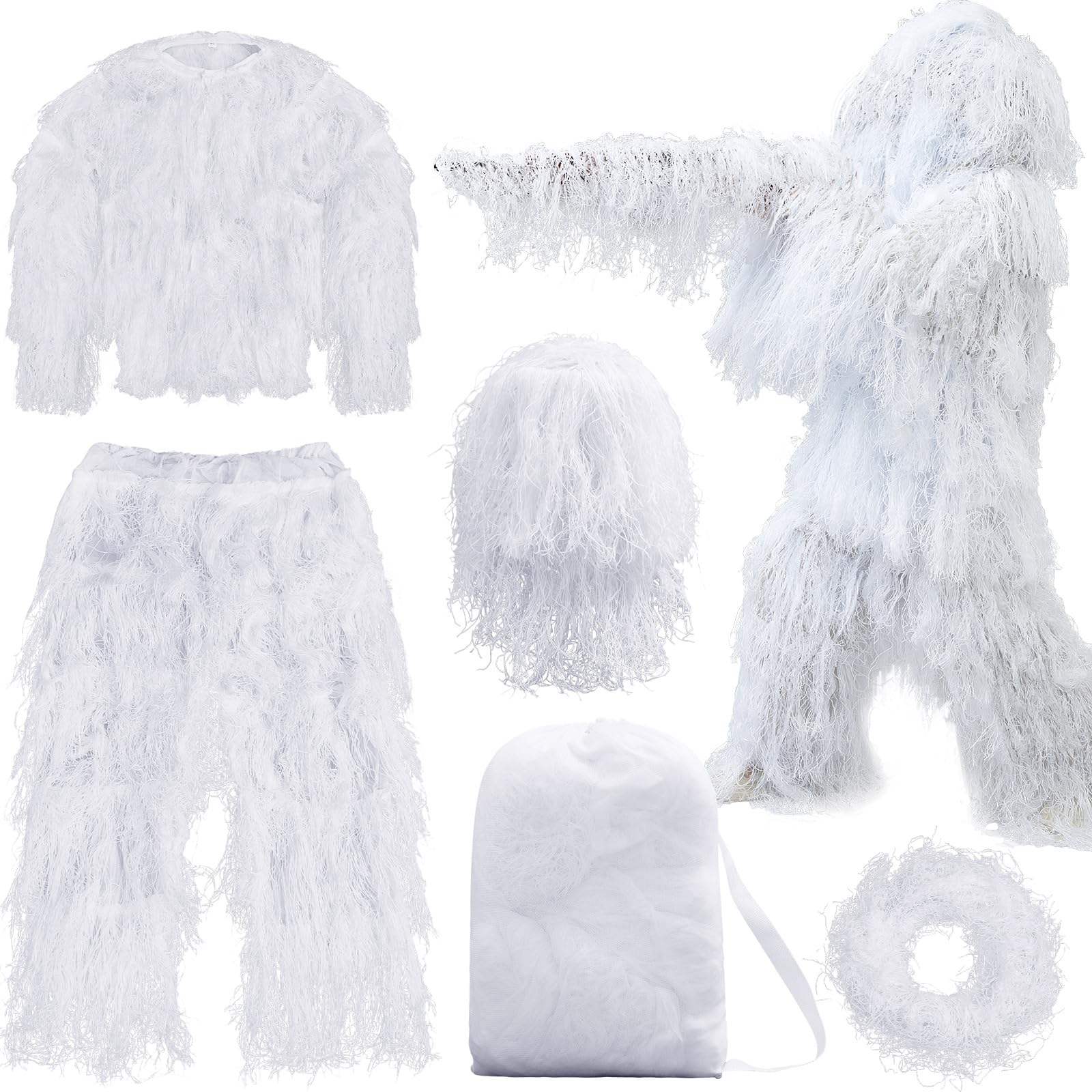 Liitrsh 5-in-1 White Ghillie Suit for Men Halloween Snow Camo Suit Hooded Camouflage Hunting Apparel Military Army Camo Suit Gillie Camouflage Suits for Youth Outdoor Paintball Outfits Gear Costume