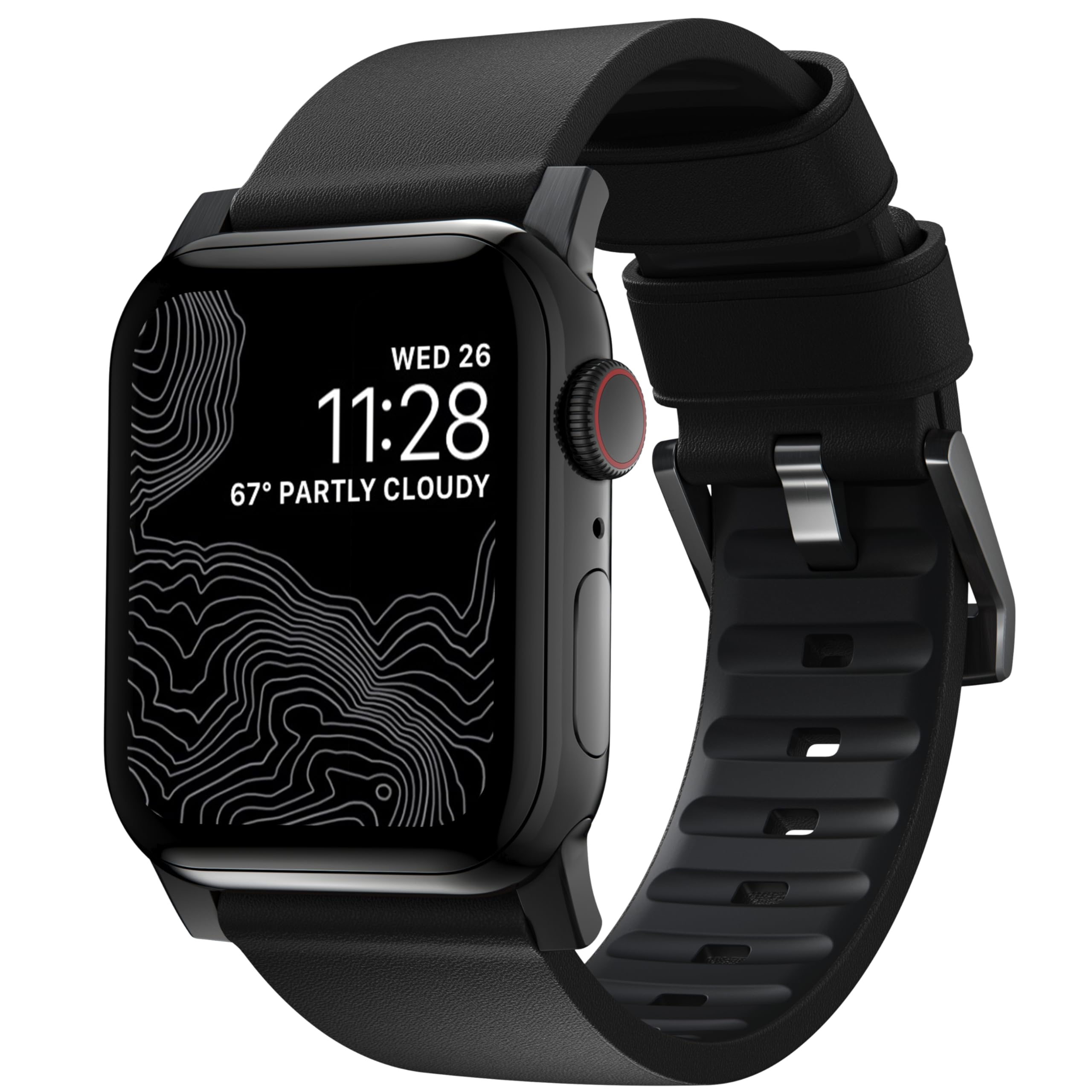NOMAD Modern Strap Black Connector Black Active Leather Pro strapazierfähiges Uhrenarmband aus Leder und Kunststoff FKM für die Apple Watch 42/44/45/49mm in schwarz mit schwarzen Schnallen