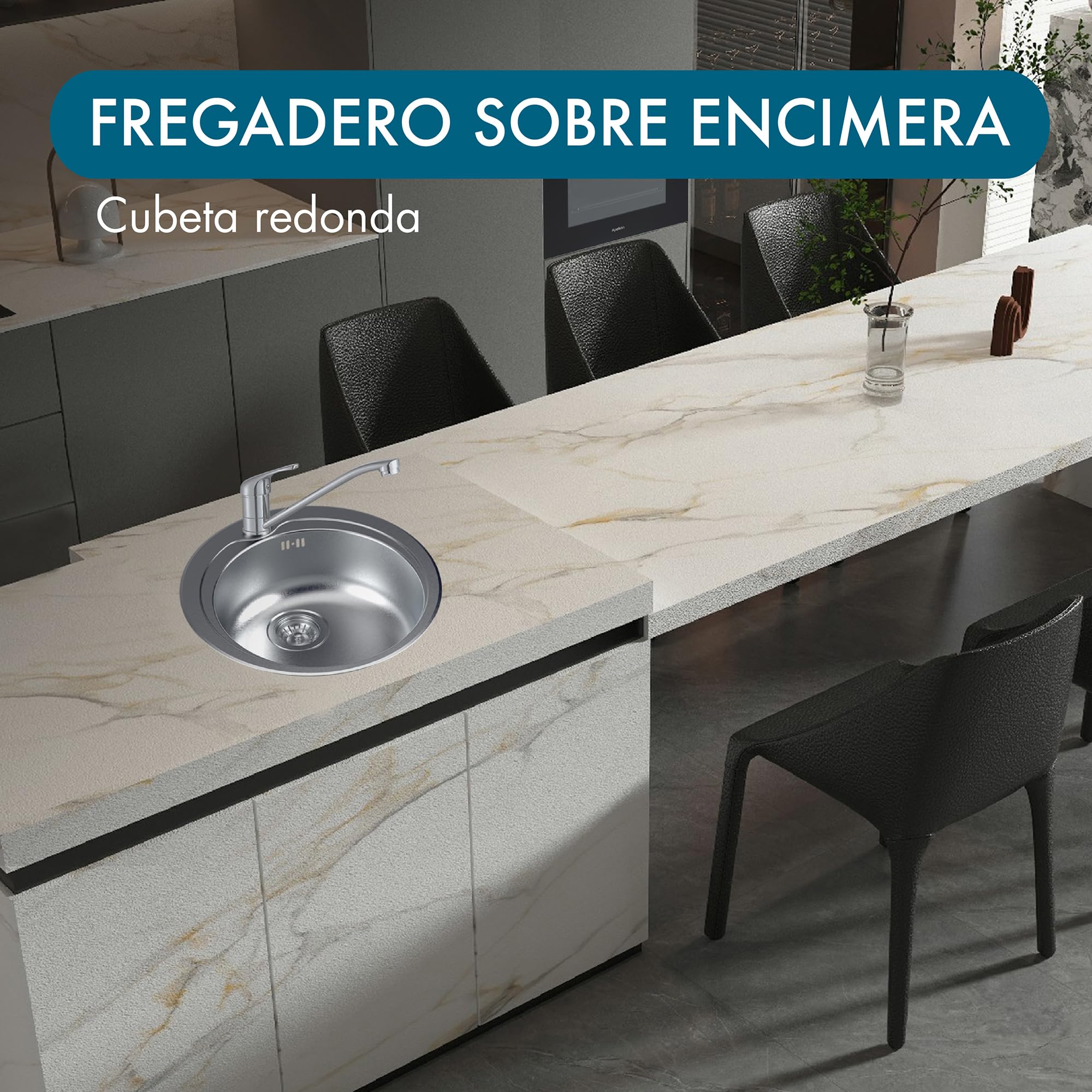 Fregadero Redondo Apelson ARC 38 Ø48,5 cm, Profundidad de 16 cm, Para Mueble de 45 cm, Incluye Sifón y Accesorios de Instalación, Acero Inoxidable