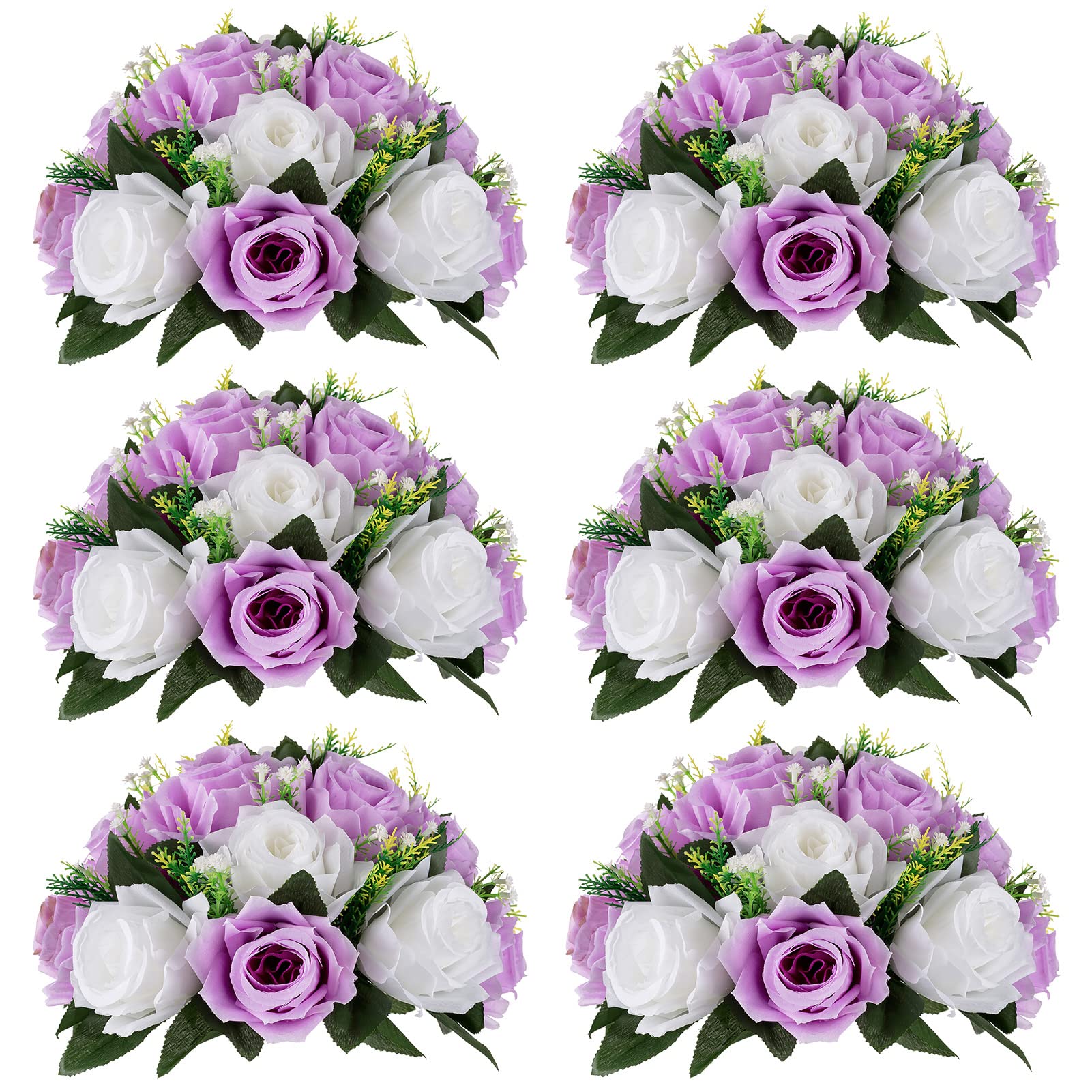 Nuptio Bolas de Flores para Centros de Mesa de Bodas: 6 Piezas 24cm Diámetro Arreglo Flores Artificiales Fiesta para Mesas - Flores Rosas Falsas Lila & Blanco para Decoración Bodas