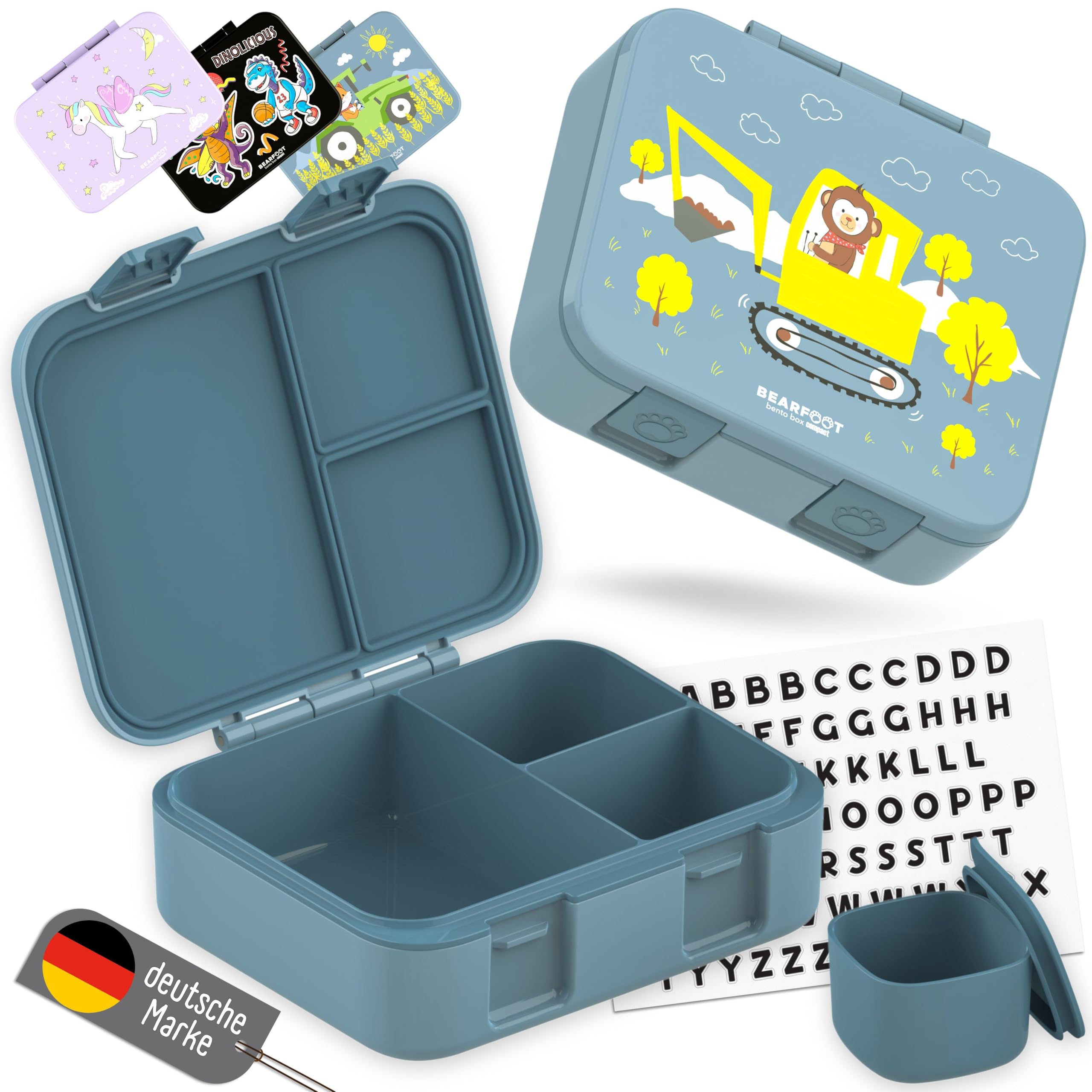 BEARFOOT Bento Box COMPACT pudełko śniadaniowe dla dzieci, bez BPA, do szkoły i przedszkola, szczelne pudełko na lunch dla dziewcząt i chłopców, praktyczne, lekkie i kompaktowe (koparka niebieska