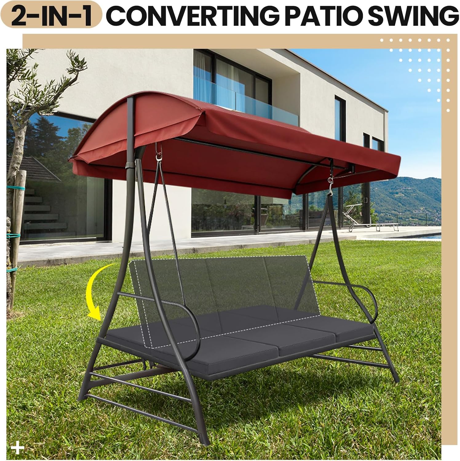 Sintuff 3 Seat Outdoor Porch Swing Cushions, Water-Resistant Swing Cushions Replacement with Anti-Slip Design, Fade-Resistant Porch Bench Cushion Liner and Cover 2 in 1 for Patio Garden(Dark Grey)