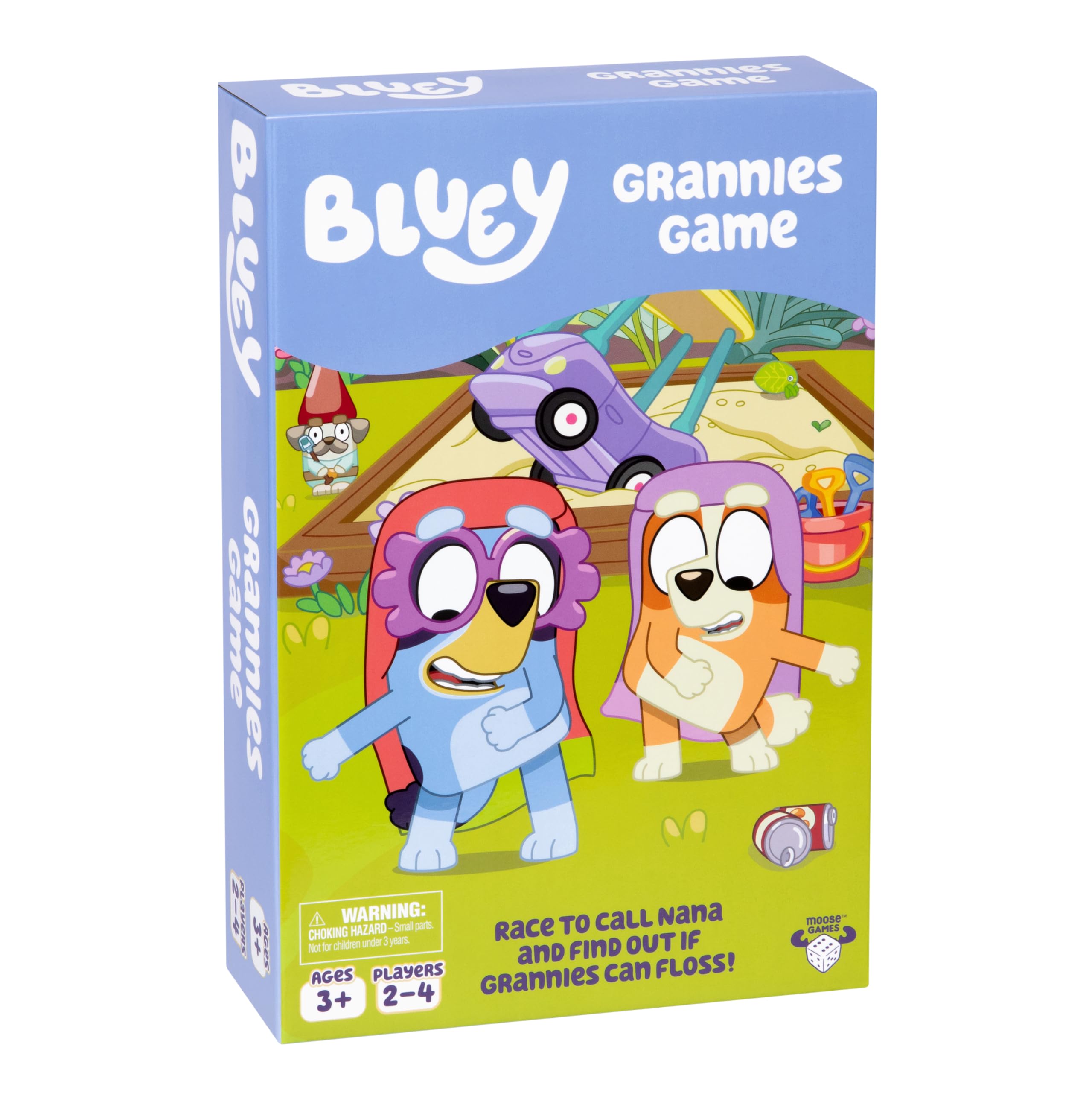 MOOSE GIOCHI Bluey Grannies Game, raccogliere oggetti delle nonne come occhiali e bastoni da passeggio e correre per essere il primo a chiamare Nana e iniziare una festa di filo interdentale, per età