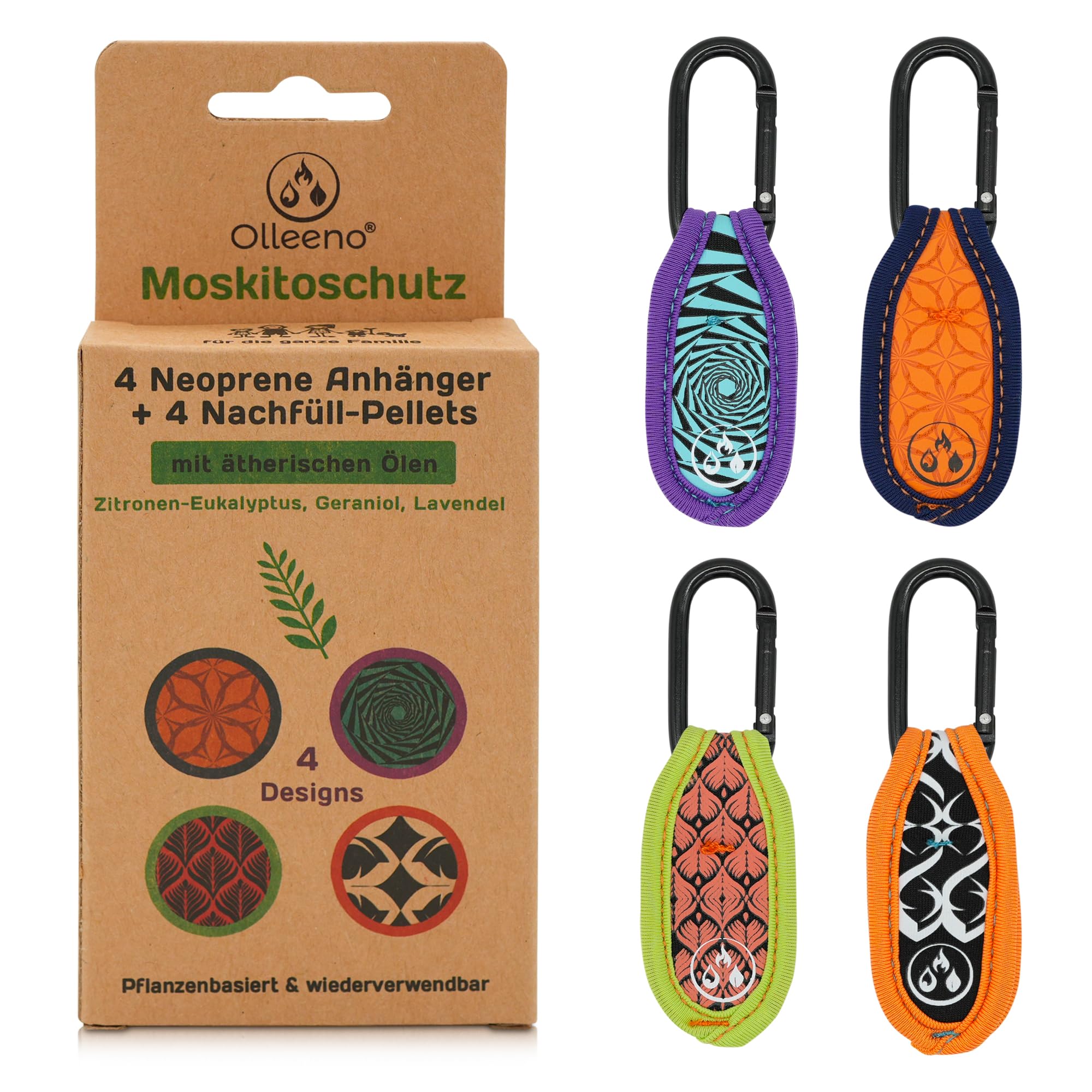 OLLEENO® Mückenschutz Clip Moskito Insektenschutz Anhänger für Outdoor Camping Wandern Sport Anti Mücken Clip aus Neopren (4 Stück + 4 Nachfüll-Pellets)