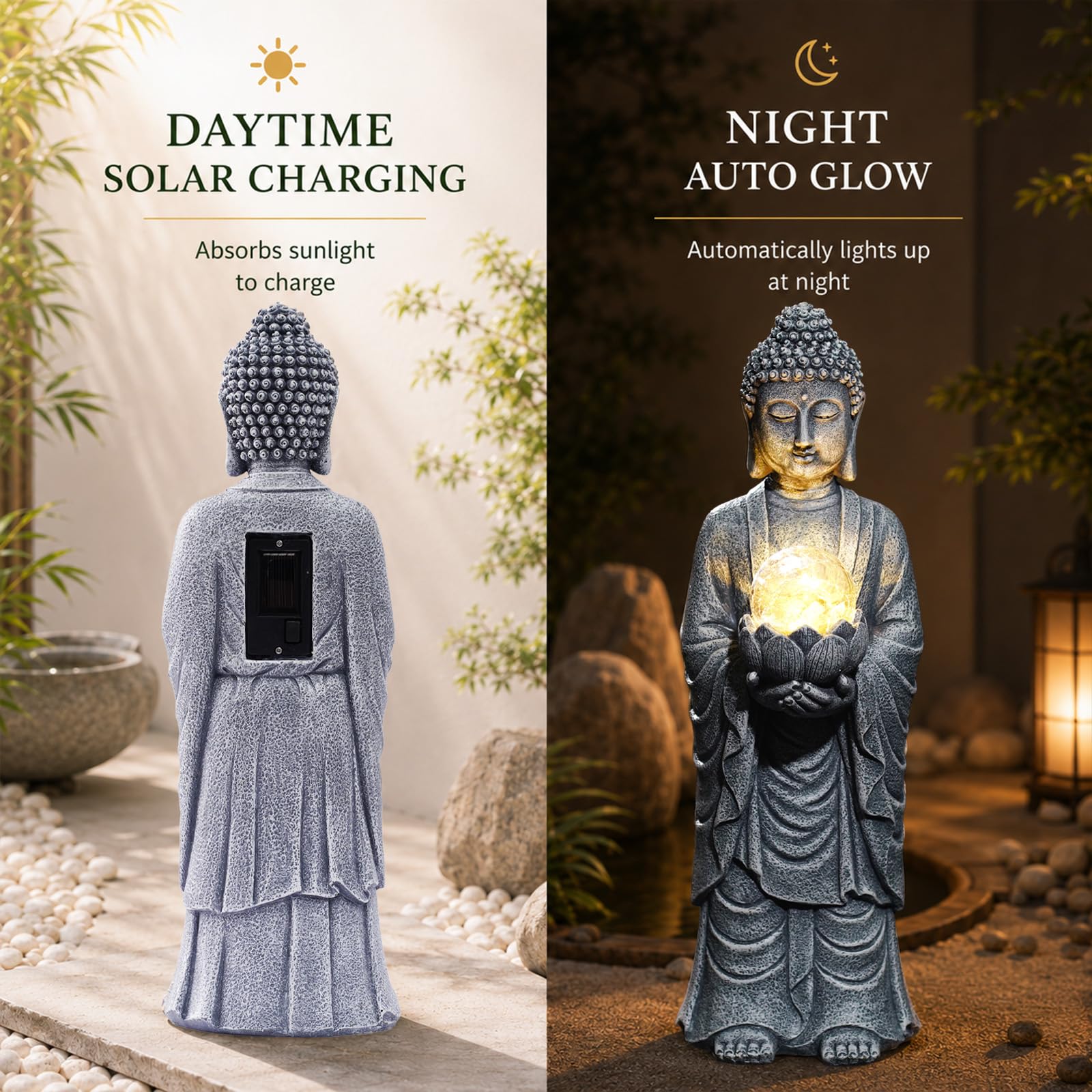 Goodeco Statue de Bouddha solaire avec boule de lotus – 47 cm Zen