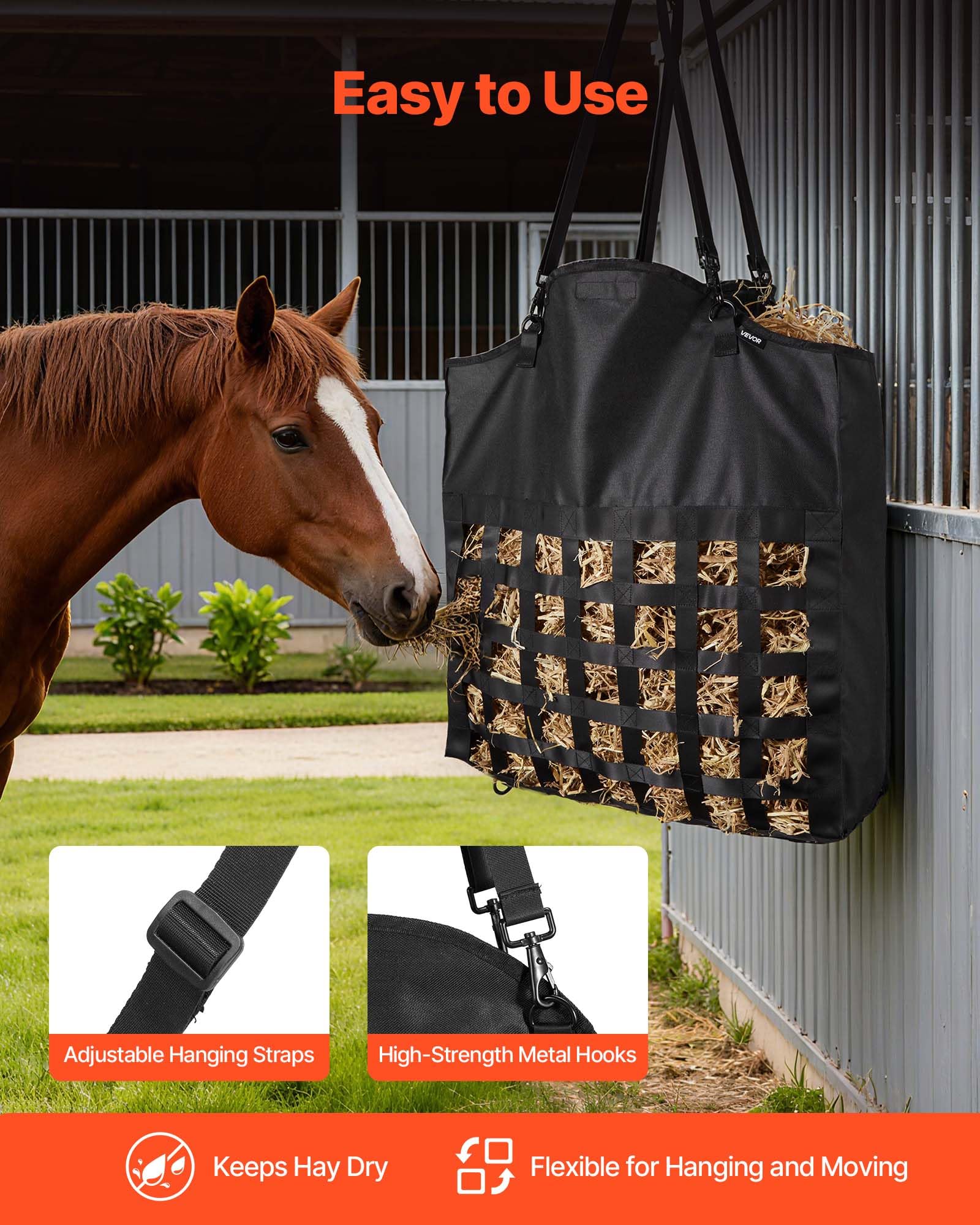 VEVOR Bolsa de Heno para Caballos, 55 x 18,5 x 64 cm, Agujeros 46 x 46 mm, Fabricada en Nailon, con Revestimiento Impermeable de PVC, Correas de Suspensión Ajustables y Ganchos Metálicos, Negro
