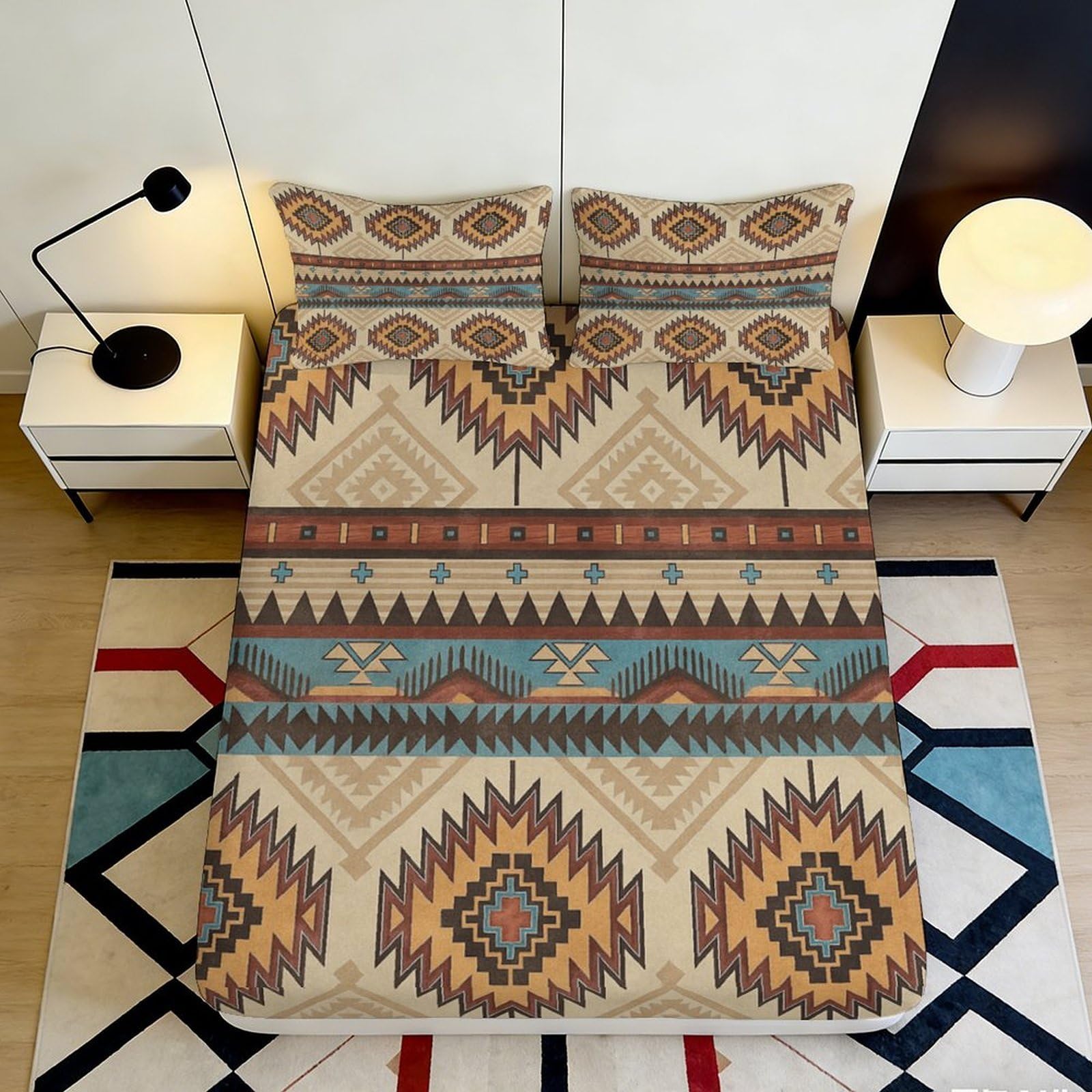 3D Printed Ethnic Tribal Fitted Sheet Microfiber Boho Geometric Mattress Cover for Bedroom Guest Room Easy Care 90x200x25cm