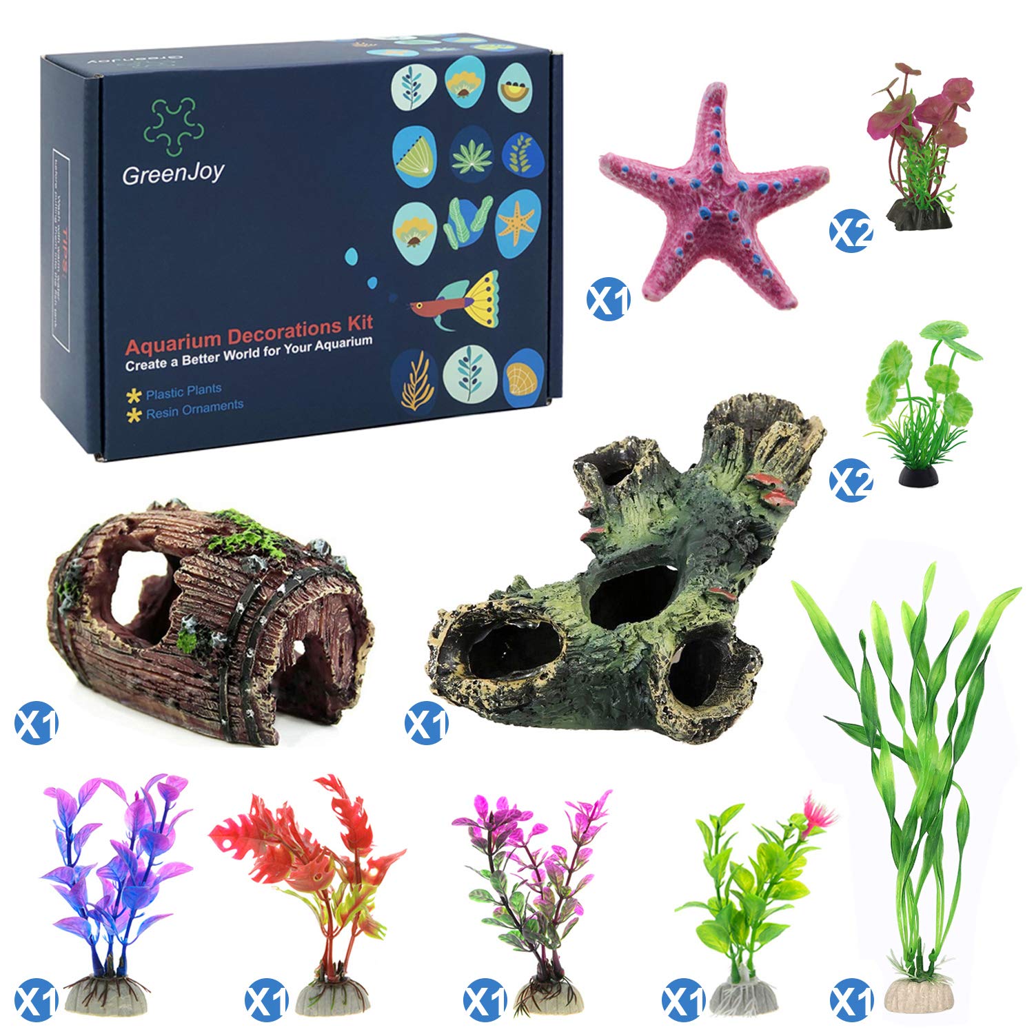 Aquarium Decorations Fish-Tank Accessories Plants - Fish Tank Decor Kit with Artificial Plants and Hideouts Ornaments