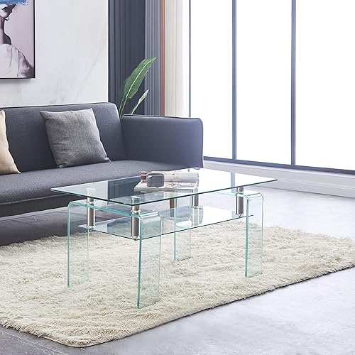 Miniatura 5 de Mesa de centro de vidrio templado mejorada con patas de cristal, moderna mesa de centro pequeña para sala de estar (39 x 22 x 19 pulgadas,