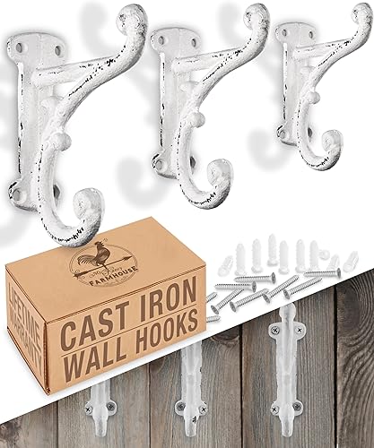 Ganchos rústicos de hierro fundido (paquete de 3) color marrón oscuro rústico, para montar en la pared, decoración de granja, ganchos de pared