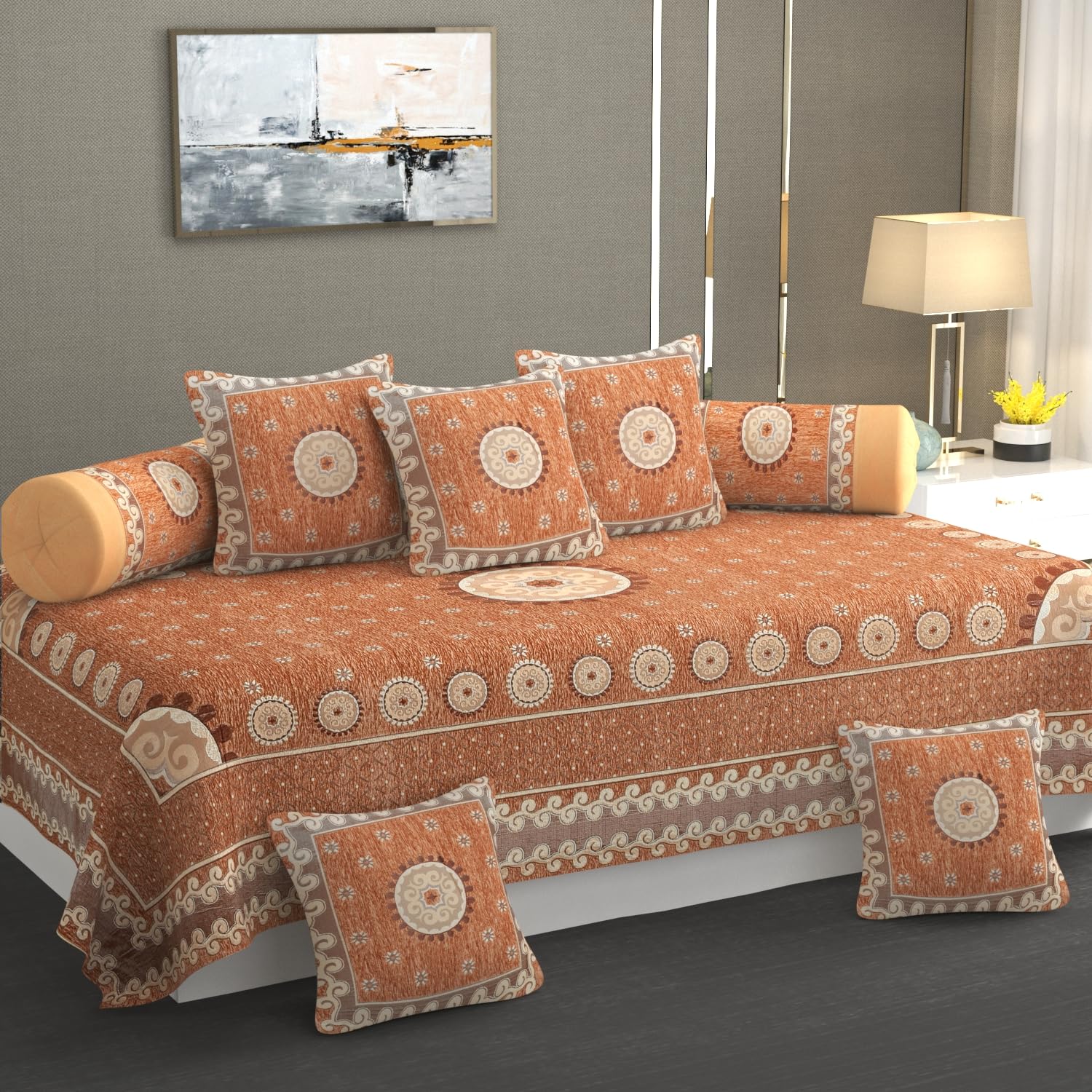 MULTITEX Diwan Set 8 Piece Combo Bedsheet for Living Room - Diwan Set Includes 1 Single Bedsheet 2 Bolster Cover and 5 Cushion Cover - Cotton Printed Diwan Bed Set, 54 x 90 Inches-Peach (B0CQYT6RLB) Amazon Price History, Amazon Price Tracker