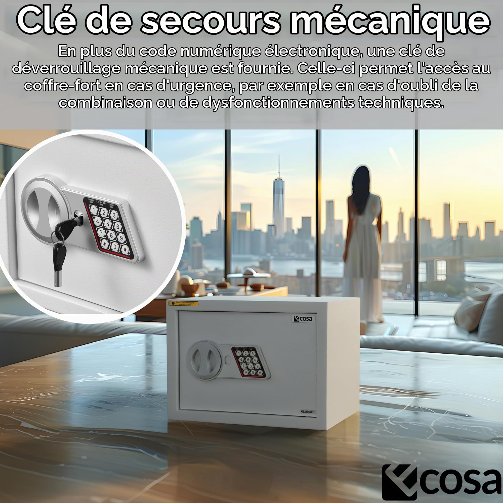Ecosa Coffre-fort électronique 35 × 25 × 25 cm – Coffre-fort mural avec code chiffré et clé, coffre-fort pour la maison, verrouillage à double boulon extra épais, ignifuge, étanche