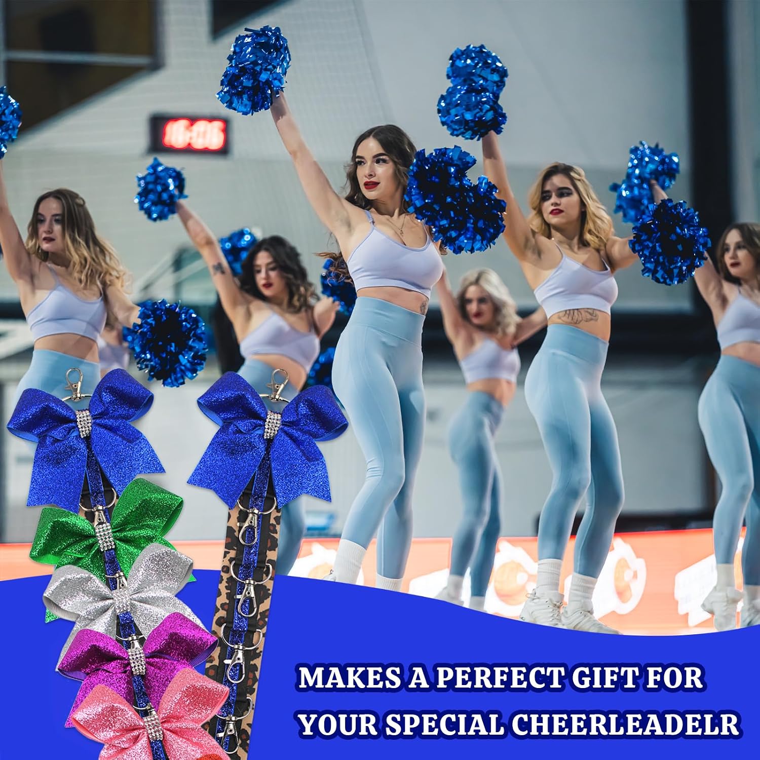 ALIBBON Cheer Bow Holder Glitter Royal Blue Leopard Print Hair Bow Holder Cheer Keychain for Cheerleading Backpack Bag Cheerleader Gifts Sports Cheerleading Bows Storage Hanging Ribbon Chain 5 Clasps