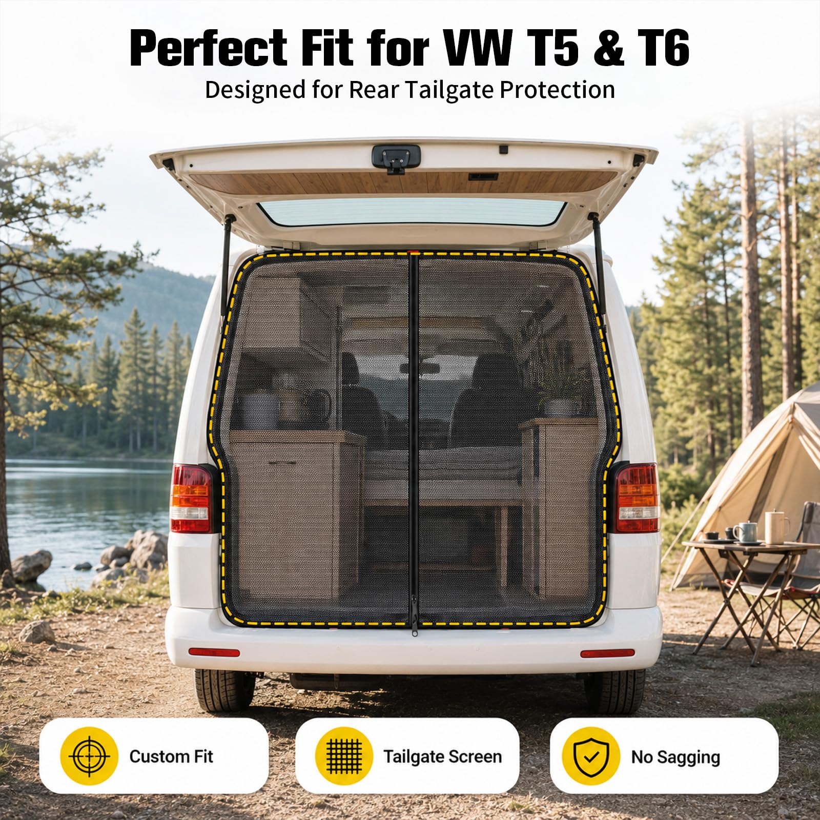 Moskitiera na tylną klapę, 146 x 155 cm, do VW T5 T6 – magnetyczna moskitiera z 3 zamkami błyskawicznymi, ochrona przed owadami, ochrona przed słońcem, zasłona oddzielająca, ochrona przed wzrokiem do