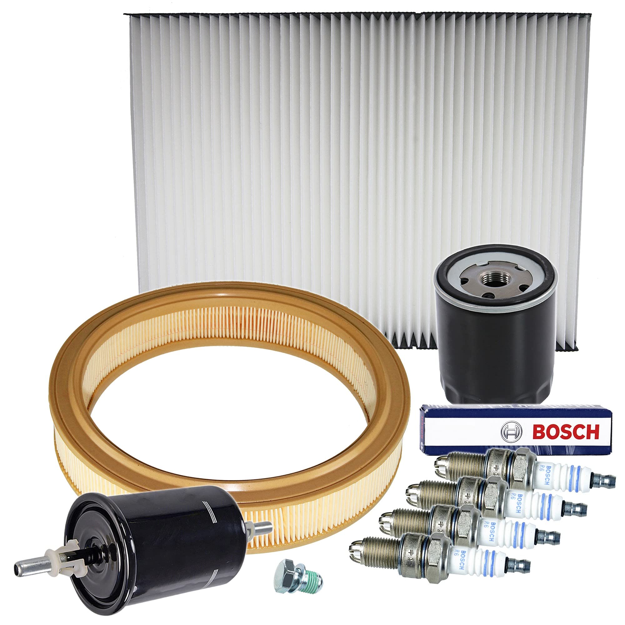BESTPRICE Set di filtri con 1x filtro olio, 1x filtro aria, 1x filtro aria abitacolo (filtro antipolline), 1x filtro carburante, 4x candele Super Plus WR7LTC+, compatibile con VW LUPO I (6X1, 6E1)