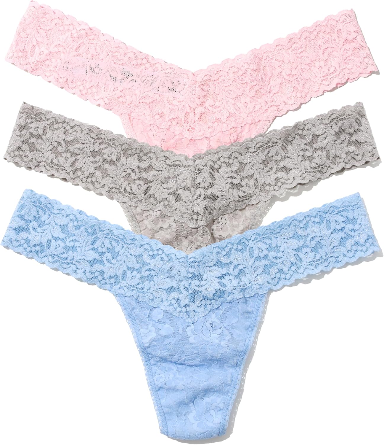 hanky panky - Signature Lace Low Rise Thongs for Women (3 pack) | One Size fits 4-14 | Bliss Pink/Sleep in Grey/Clarity | Soft Nylon Stretchy Lace, Comfortable Lingerie, Sexy Underwear