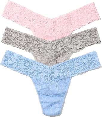 hanky panky - Signature Lace Low Rise Thongs for Women 3 pack | One Size fits 4-14 | Bliss Pink/Sleep in Grey/Clarity | Soft Nylon Stretchy Lace, Comfortable Lingerie, Sexy Underwear