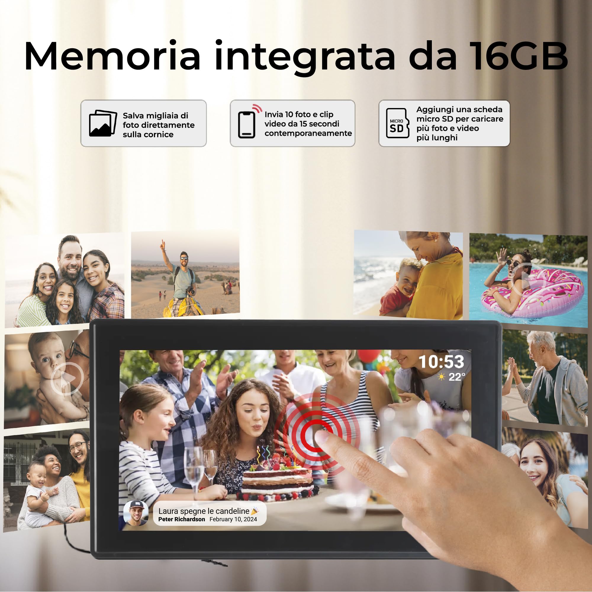 Denver PFF-1515B - Cornice digitale Wi-Fi - Schermo touch screen Full HD IPS da 15,6 pollici, software FRAMEO integrato, condivisione wireless, spegnimento notturno automatico, memoria da 16 GB, nero