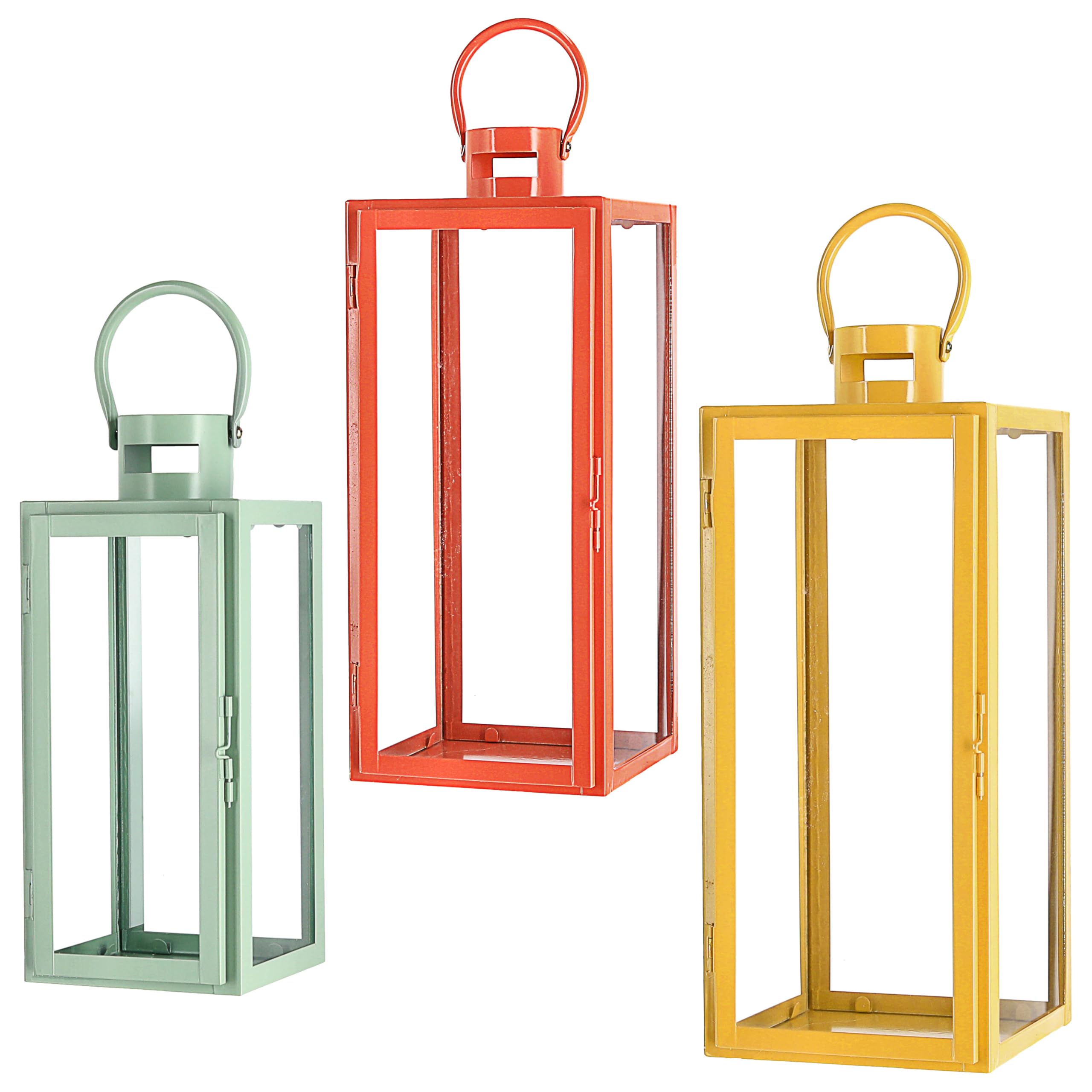 Laterne 3er Set | grün orange gelb 3 Größen Metall Glas | Windlicht mit Henkel für Kerzen oder LED Gartenlaterne | Kerzenhalter
