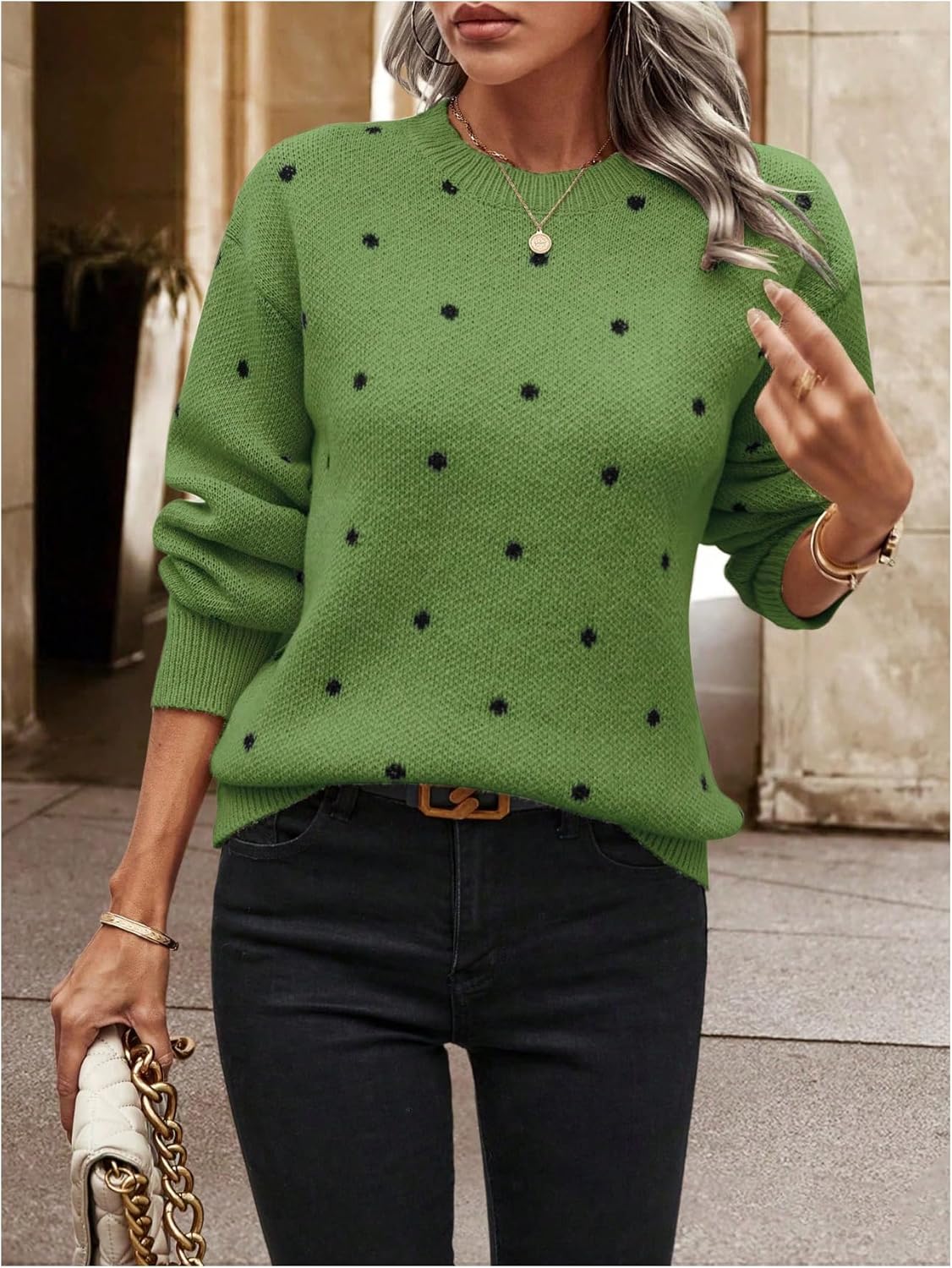 MakeMeChic Women's Polka Dots Sweaters Long Sleeve Fall Sweater Round Neck Knitted Tops - Image 6