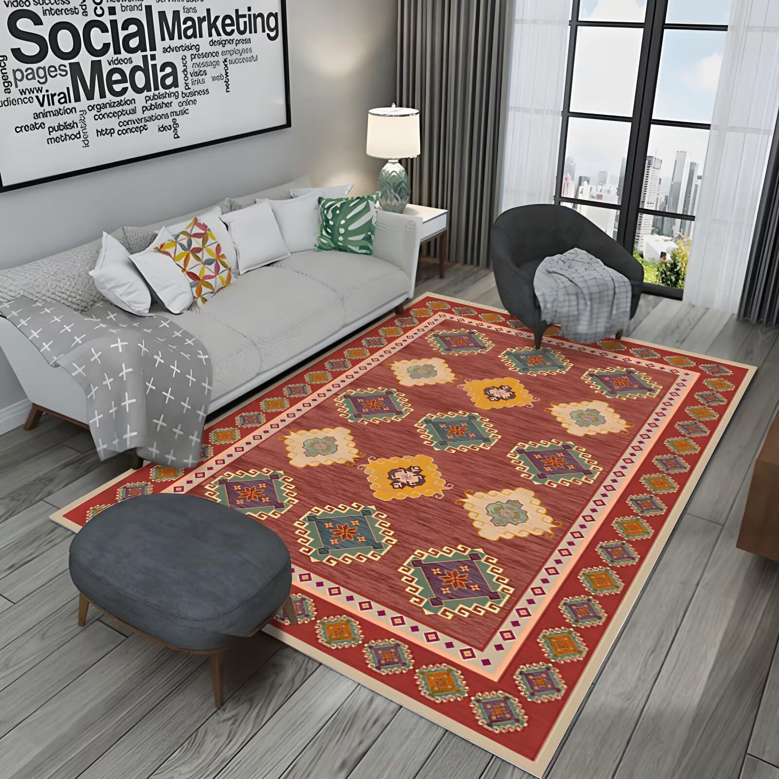 Tapis 120x180cm rouge à motif floral vintage pour salon et chambre