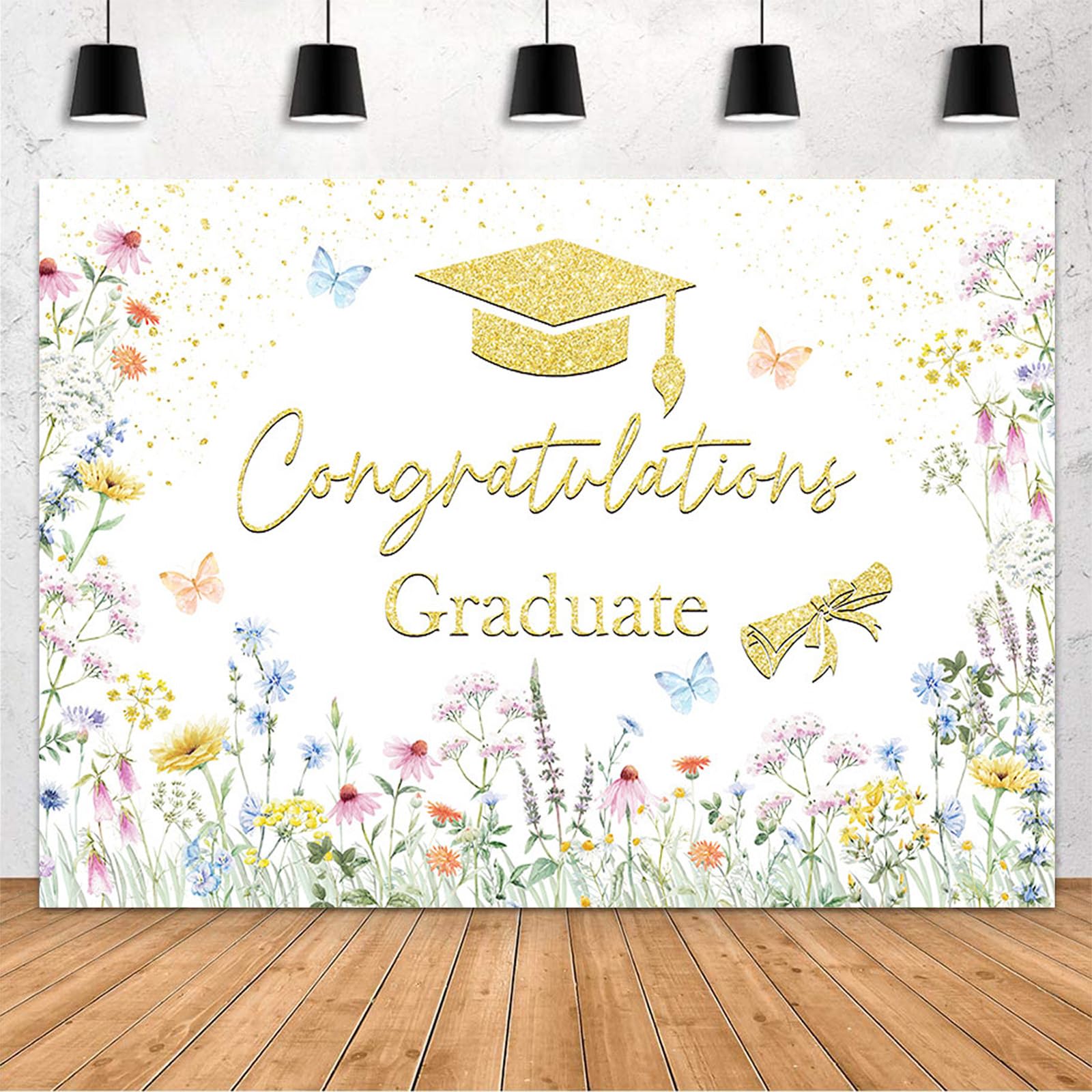 MEHOFOND Wildflower Congratulation Graduate Backdrop Class of 2026 Graduation Party Decorations Background Watercolor Floral Gold Congrats Grad Decor