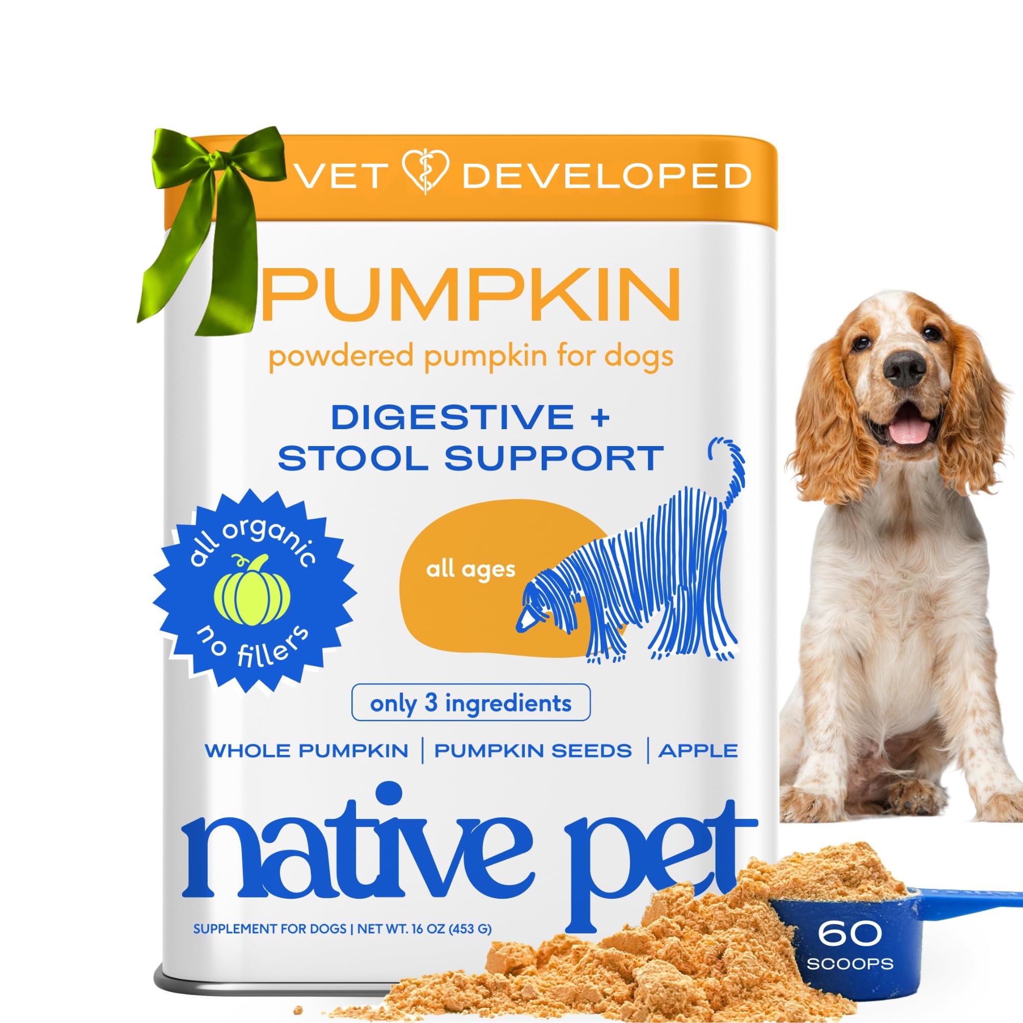Native Pet Pumpkin for Dogs - Organic Powder Pumpkin Puree Dog Food Toppers -Rich in Fiber Supplement Powder Helps with Digestion, Nutrient Absorption, Diarrhea, Constipation & Upset Stomach-60 Scoops
