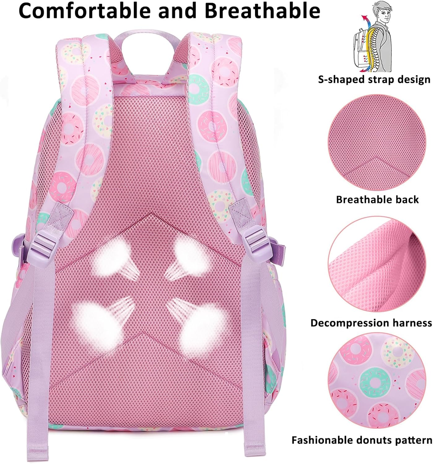 Joyfulife 3Pcs Donut Prints Backpack Sets Kids Bookbags Primary School Daypack Elementary Students Knapsack for Teens Girls