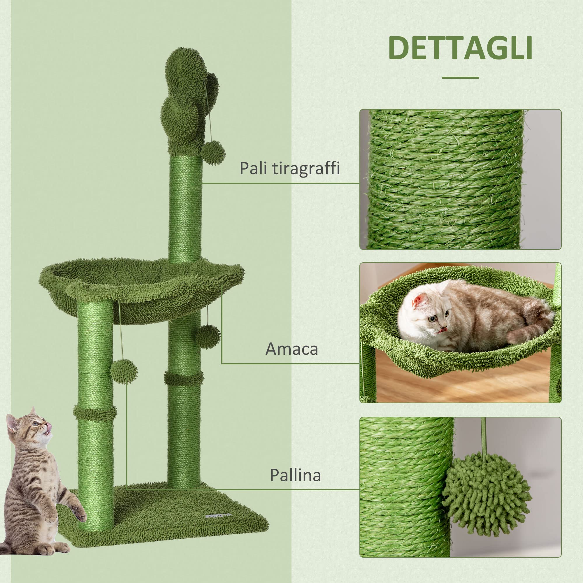 PawHut Albero Tiragraffi per Gatti Adulti e Gattini a Forma di Cactus con Corda Sisal, Palline e Amaca, Altezza 96cm, Verde