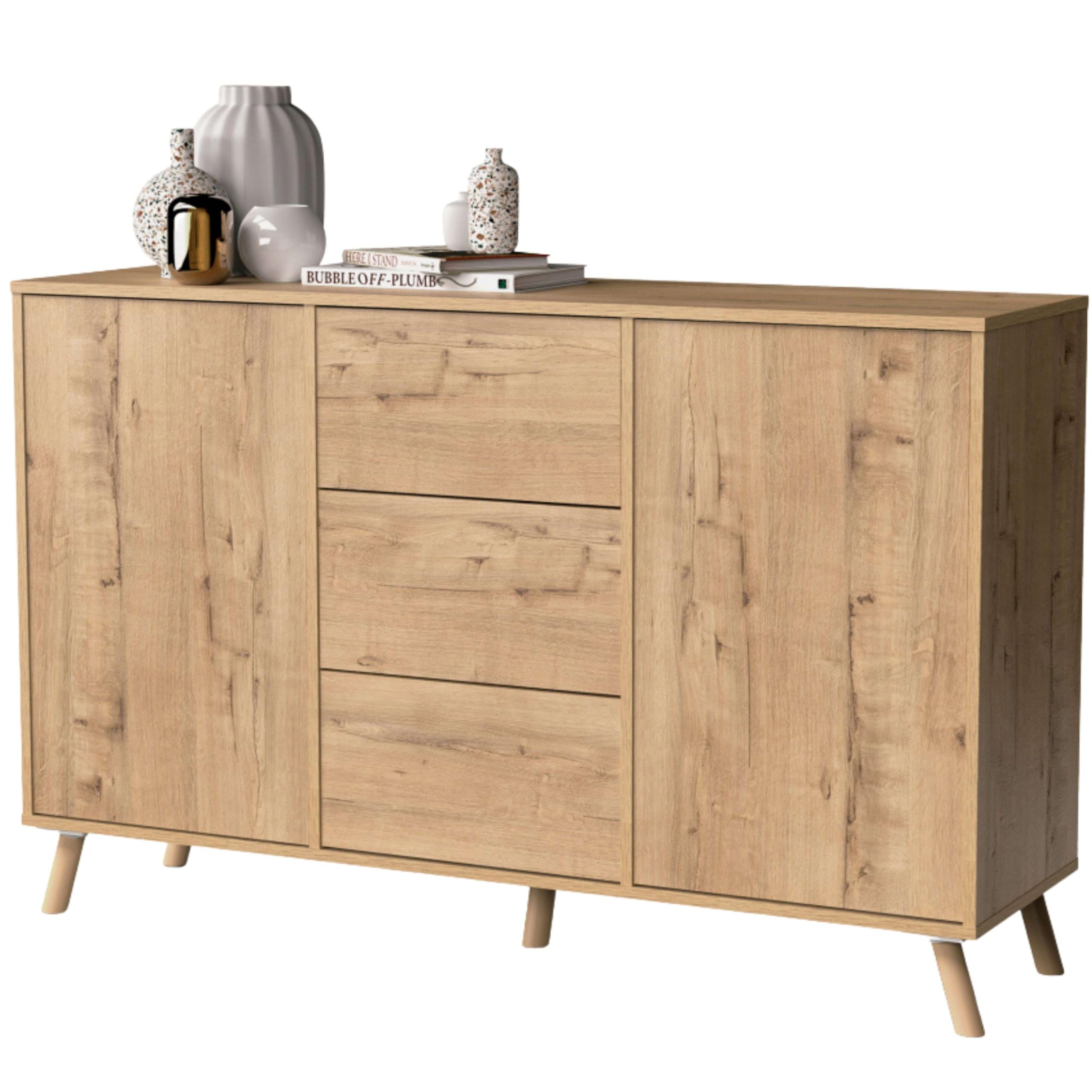 MUEBLES PITARCH | Aparador Salón Comedor, Buffet, Mueble Auxiliar, 2 Puertas y 3 Cajones, Roble Gold, 89x140x40cm, Despensa, Cocina, Despacho, Tirador Push o Pulsador, Moderno, Nórdico, Modelo Oslo