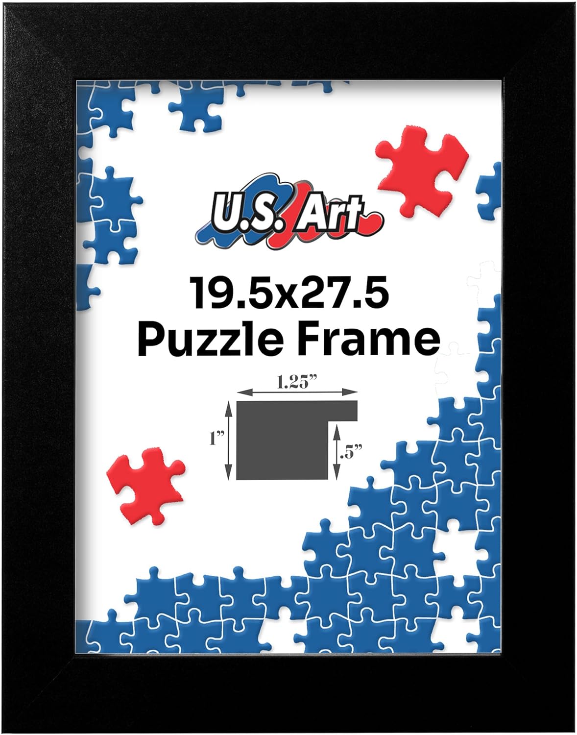Black 19.5x27.5 Puzzle Frame 1.25" Inch Wide - Handmade American Picture Frames with Preinstalled Hangers and UV Blocking Plexiglass, 19.5x27.5 Frame