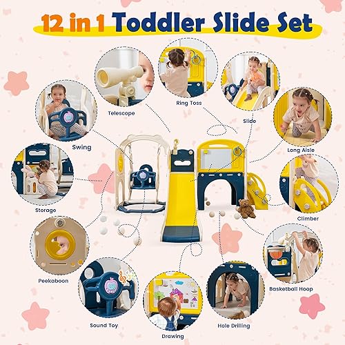 Miniatura 2 de Juego de tobogán y columpio 12 en 1 para niños de 1 a 3 años, parque infantil para interiores y exteriores con escalador, aro de baloncesto, túnel y