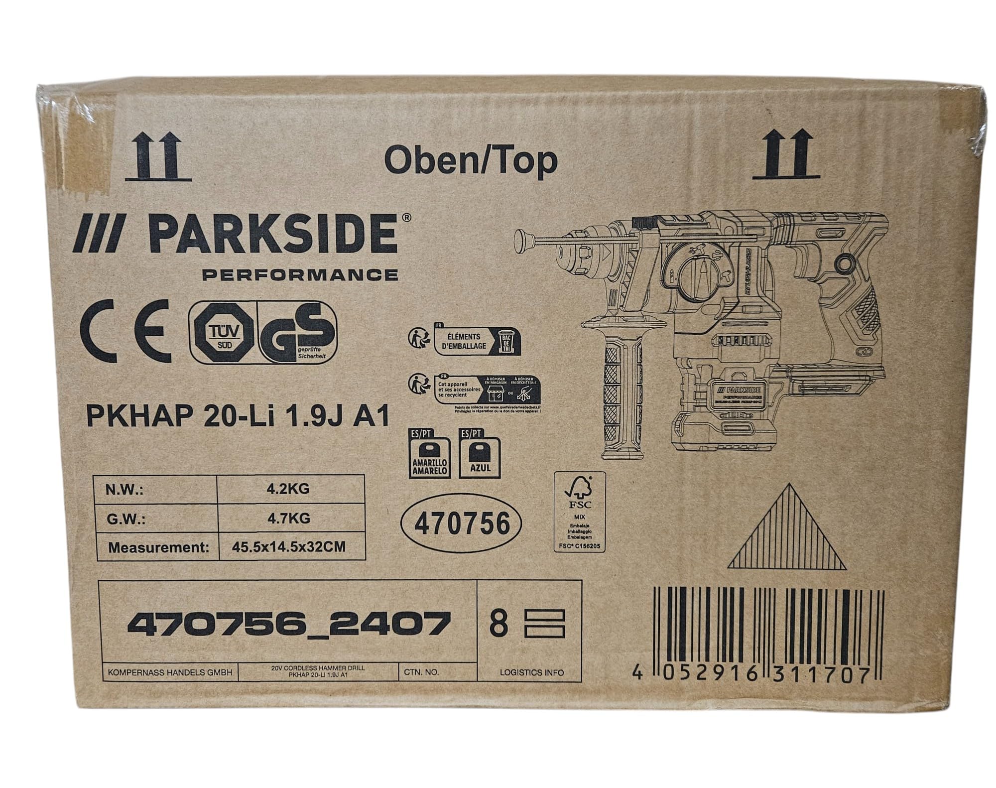 Perforatore-scalpello senza fili Parkside, prestazioni PKHAP 20-Li A1, 20 V
