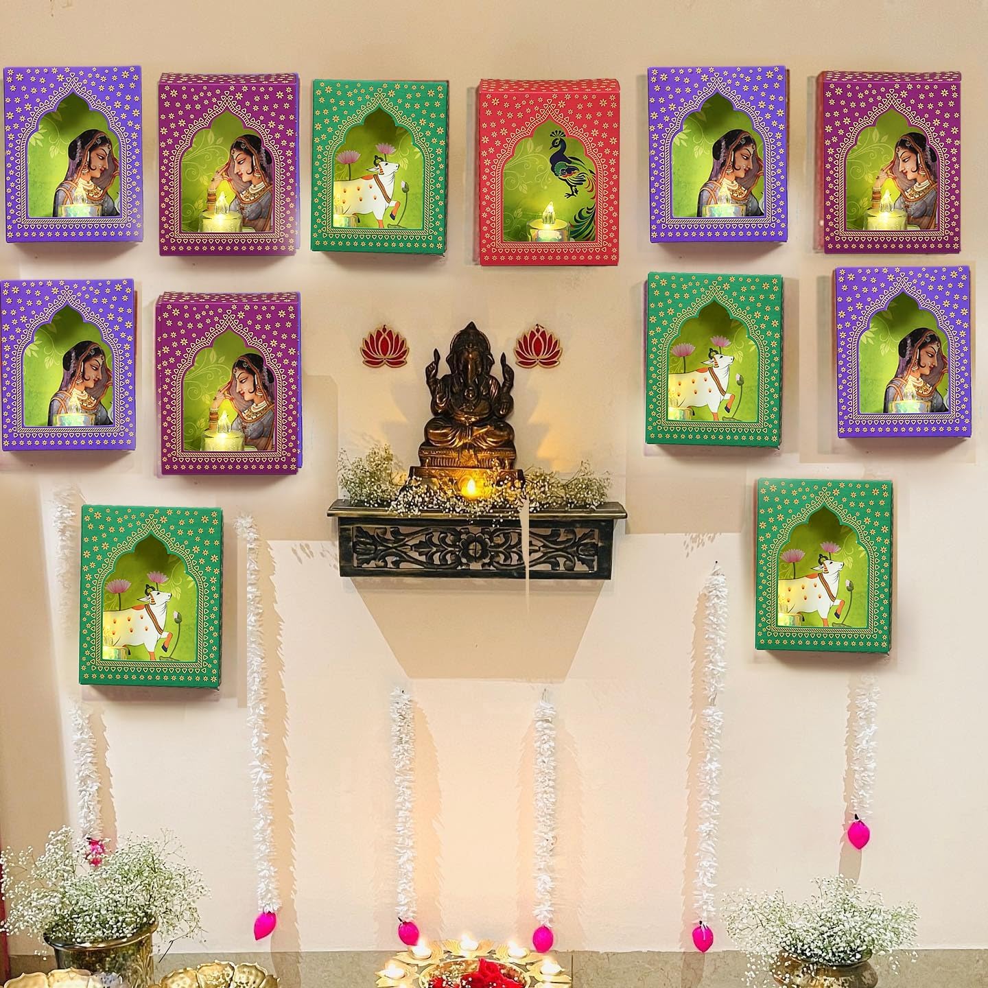 CraftVatika LED Deep Dwar Set of 12 Diwali Decoration Items with Candle, Home Decor Items Festive Decor Item, DIY Craft Traditional Jharokha Box for Hanging (Pack of 12)