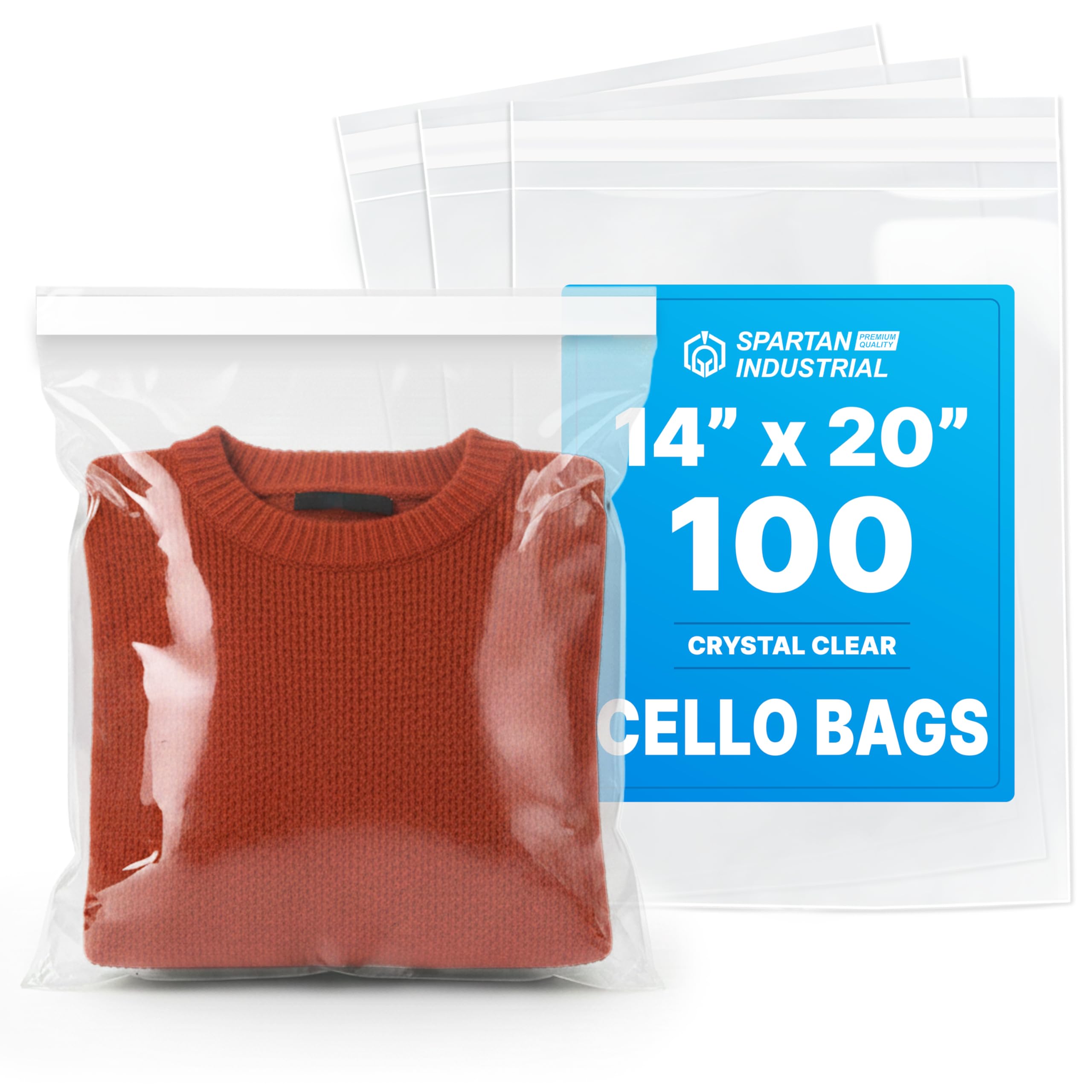 Spartan Industrial - 14" X 20" (100 Count) Crystal Clear Resealable Cello Poly Bags for Packaging, Clothing & T Shirts - Self Seal & Reinforced