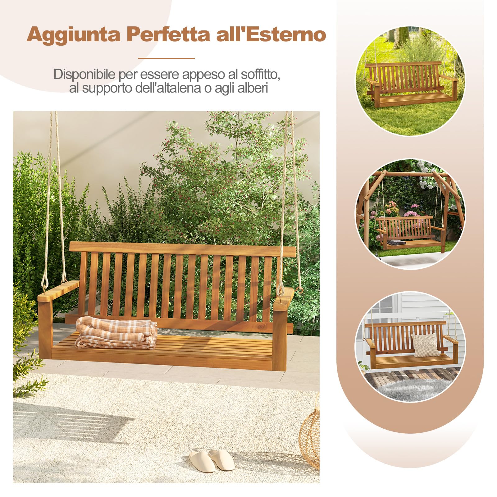 COSTWAY Altalena da Giardino in Legno di Acacia, Panchina Sospesa con 2 Posti, Sedia a Dondolo per Giardino, Sedia Sospesa con Schienale, Portata 360 kg, per Giardino Balcone Cortile