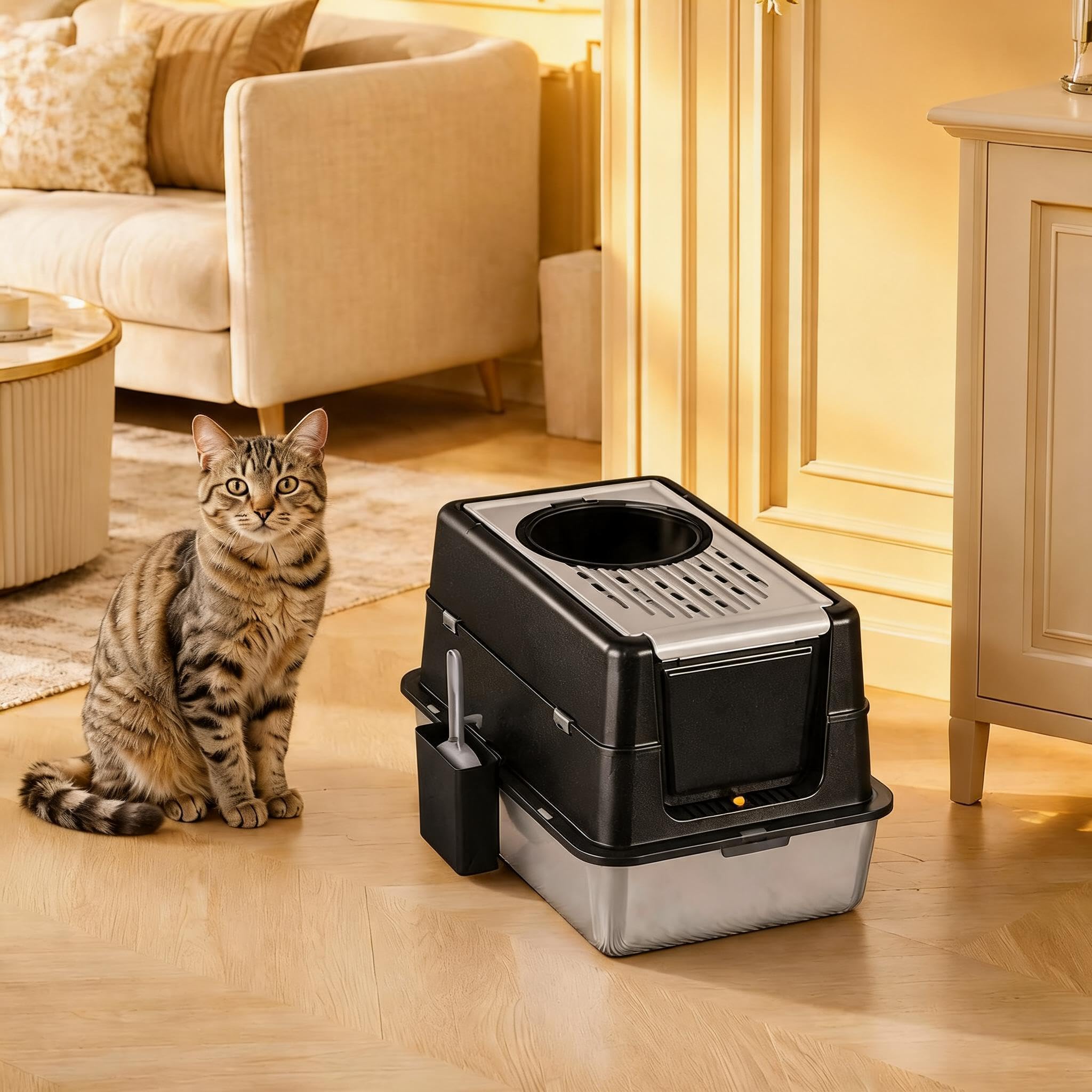GarveeLife XL Edelstahl-Katzentoilette mit Haube – Schublade & Klapptür – hohe, auslaufsichere Wanne – geruchsarm, leicht zu reinigen, inkl. Schaufel – Schwarz – 60×40×43,5 cm (20 cm Wanne)
