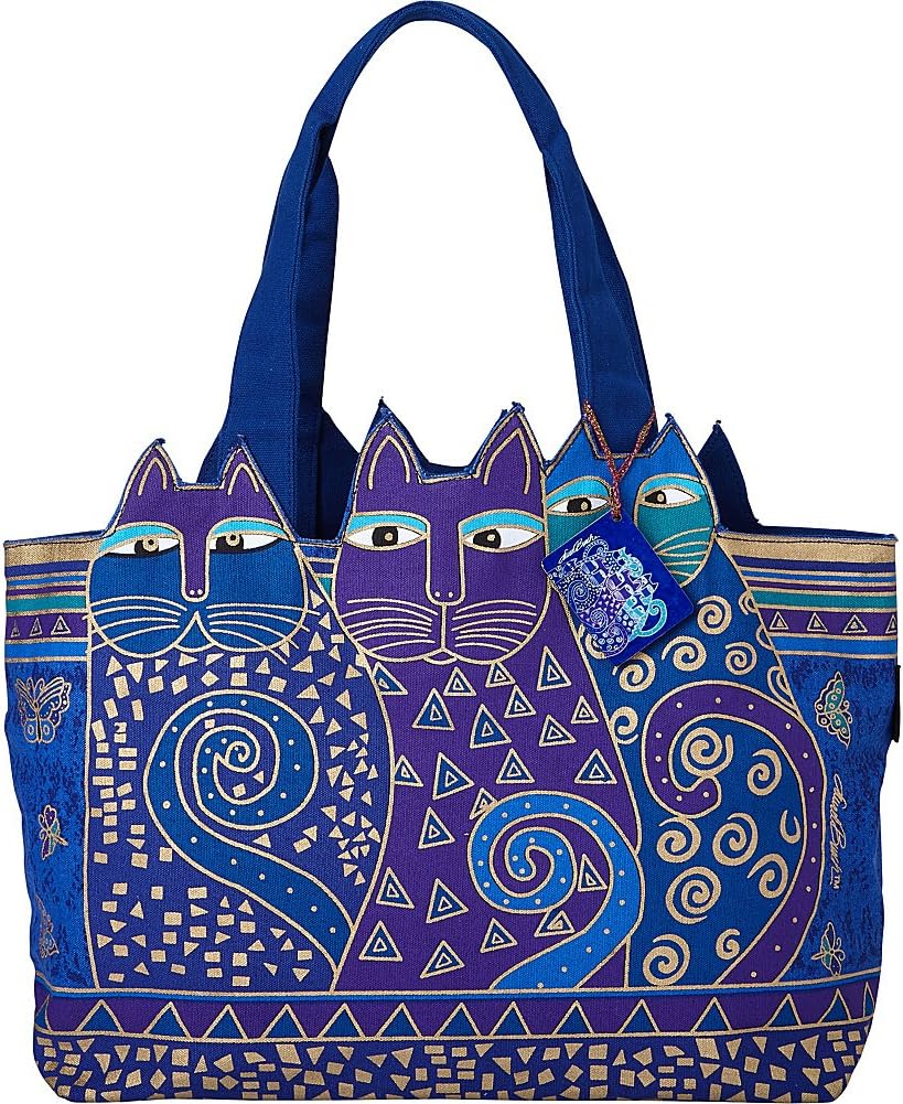 Indigo Blue Cat Motif Large Shoulder Tote Bag