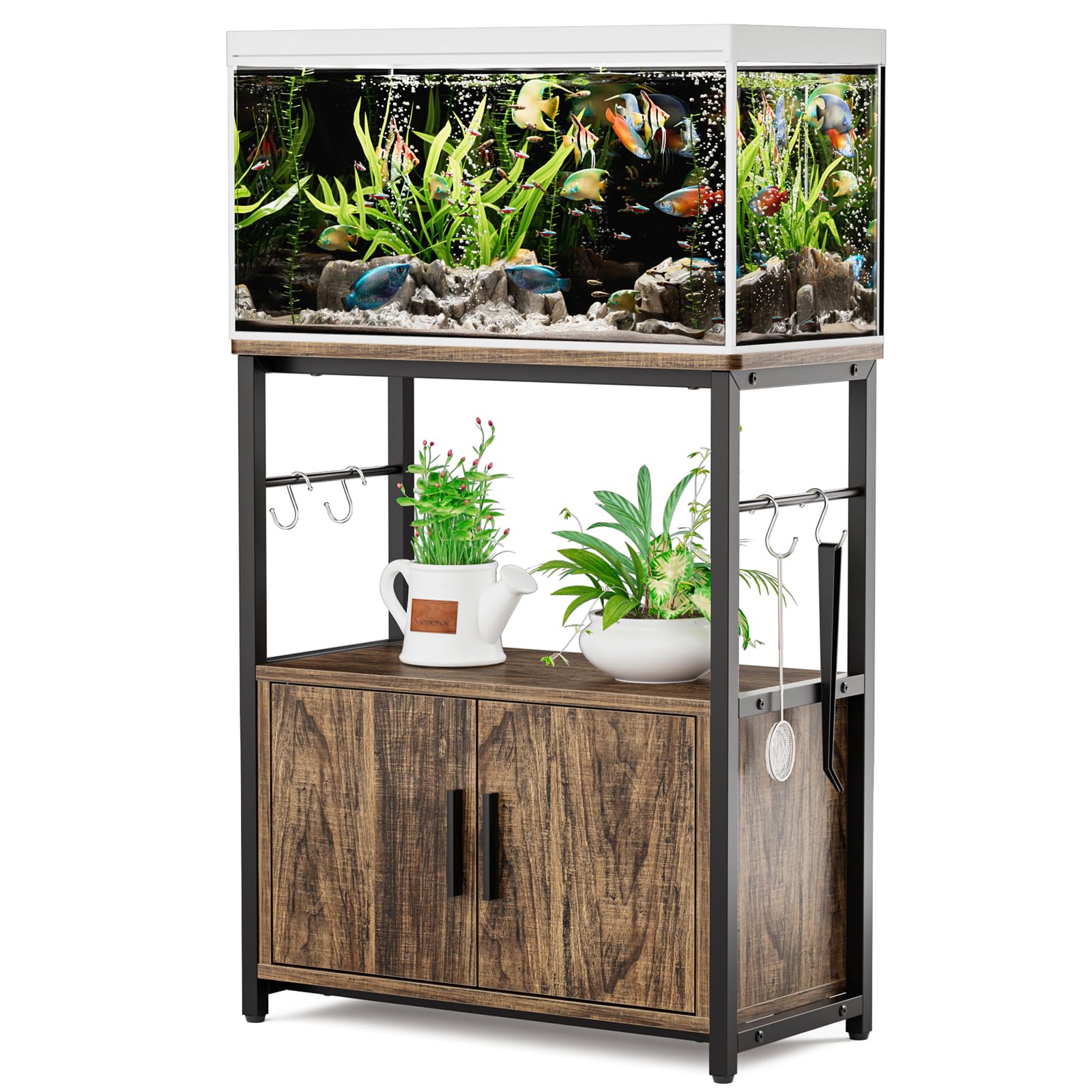 DEWEL 水槽台 60cm 水槽 台 ラック 棚 スタンド キャビネット/配線溝付 水槽棚 総耐荷重約200kg 面取り加工 水槽ラック 60cm水槽用 水槽棚 フック/アジャスター付 3段 水槽スタンド 幅60 奥行き30 高さ70cm 木製 (木目調)