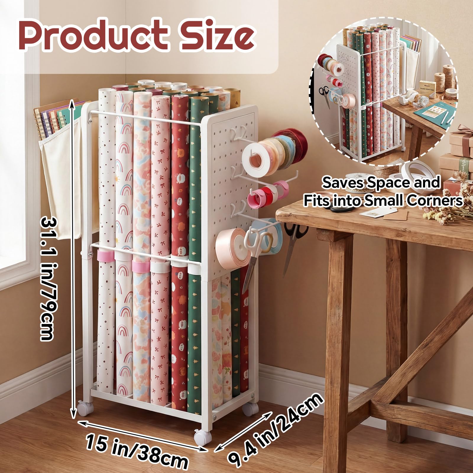 Geschenkpapier-Aufbewahrungs-Organizer-Wagen mit 15 Slap-Bändern, Roll-Geschenkpapier-Wagen für Geschenkpapier, Bandhalter, Bastelbedarf, Bauzeichnungen