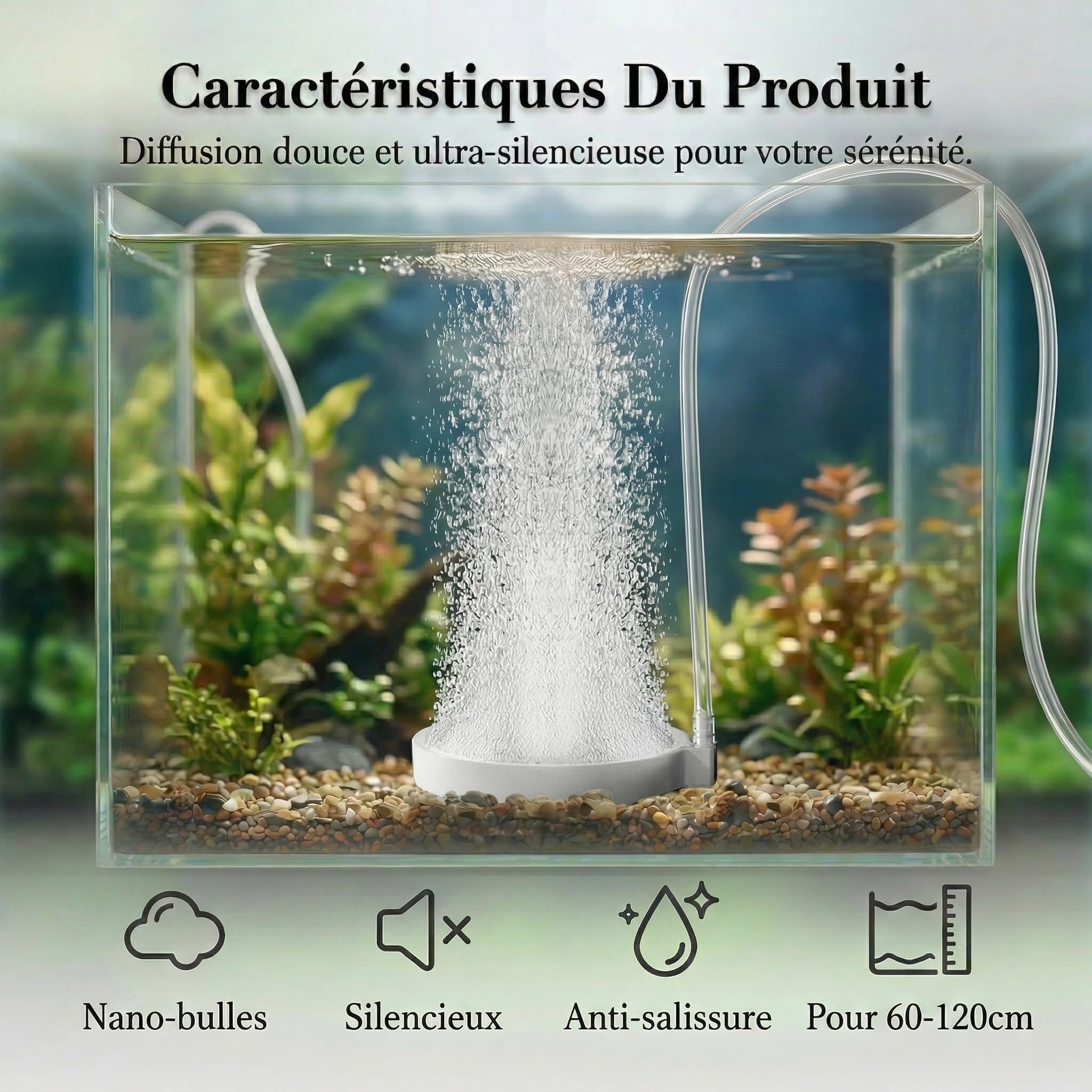 Diffuseur d’air Aquarium 6 pièces – Pierre à air Nano Bulles Fines Silencieux – Kit Complet avec Tuyau 2 m, clapet Anti-Retour et Valve réglable – Oxygénation Efficace Aquarium 60 à 120 cm