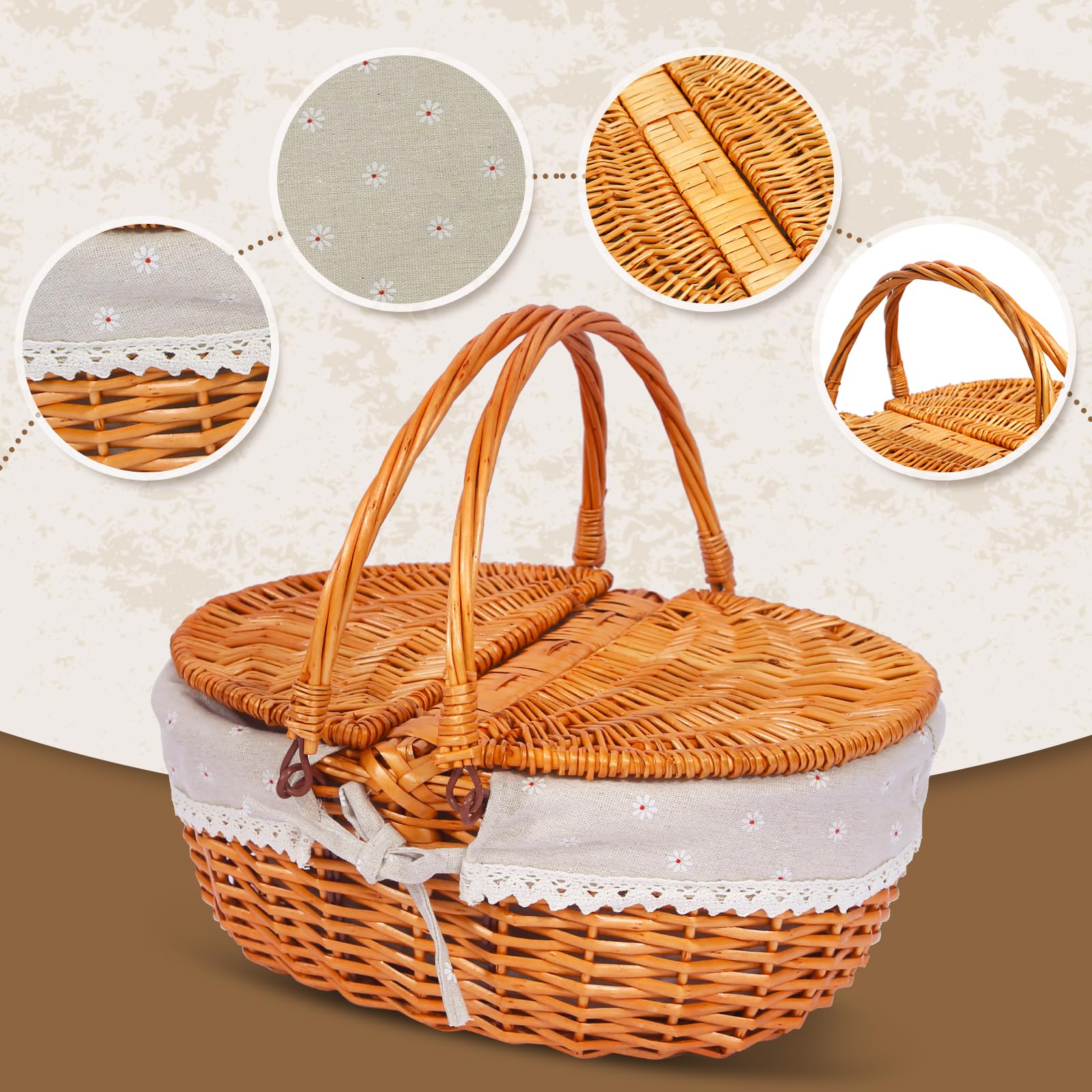 Juego de cesta de picnic de mimbre para 4 personas con tapa y asa, cesta de picnic con forro lavable y juego de cubiertos para exteriores, camping, Halloween, Navidad y cumpleaños