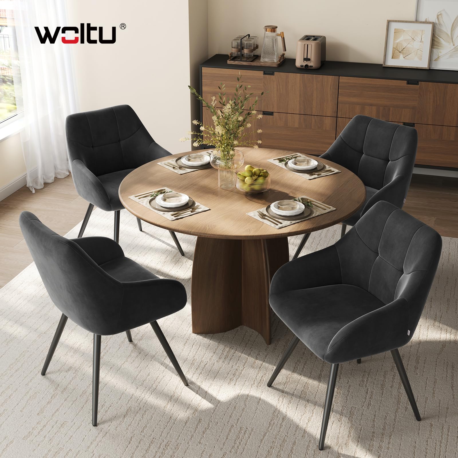 WOLTU Drehbare Esszimmerstühle 4er Set, Küchenstühle mit Armlehen | Bezug aus Samt, Metallbeine, für Wohnzimmer Küche Esszimmer, Schwarz