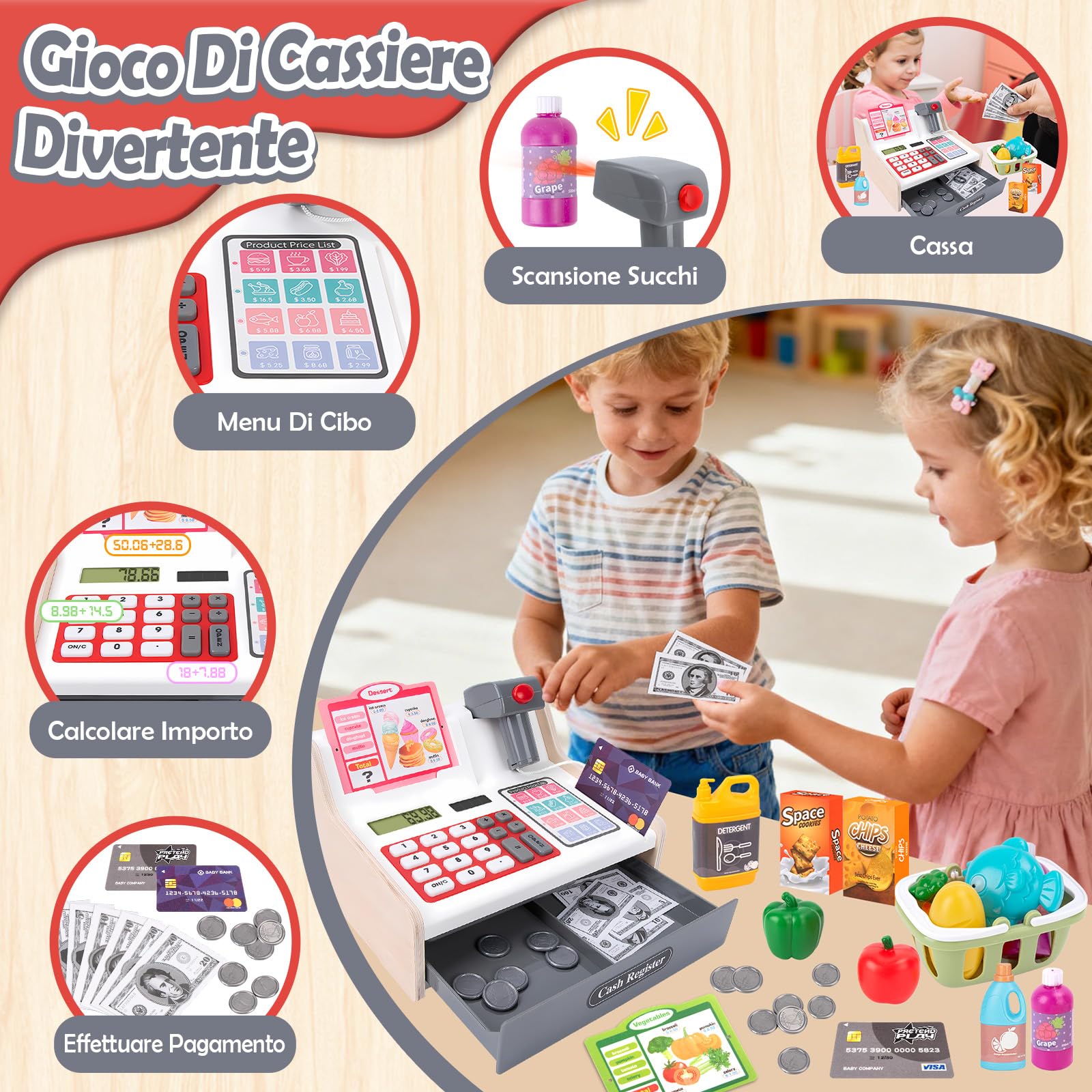JONRRYIN Cassa Giocattolo in Legno per Bambini, Registratore di Cassa Giocattolo con Scanner e Suoni, Vera Calcolatrice, Soldi Finti, Carrello e Cibo, Cassa Supermercato per 3 4 5 6 Anni (Bianco)