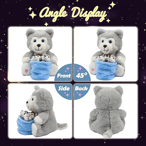 Miniatura 3 de Hopearl Husky de peluche LED con cubo extraíble que ilumina tu mamá y perro con 3 cachorros en la cesta, juego de animales de peluche disquetes,