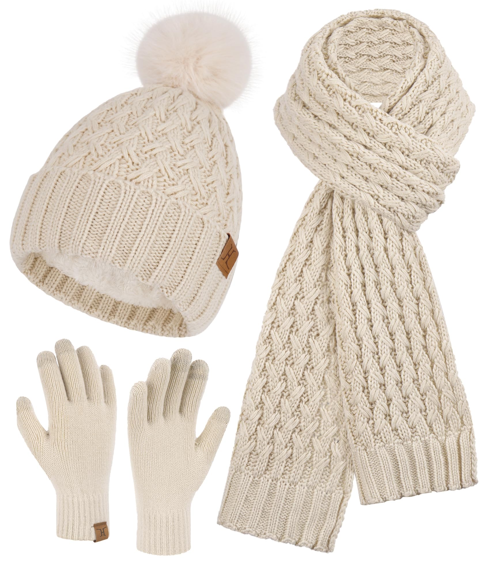 Bequemer Laden Femmes Hiver Bonnet Écharpe Longue Gants Tactiles Ensemble Bonnets Chaud Tricot avec Pompon Doublure Polaire Cadeau Femme
